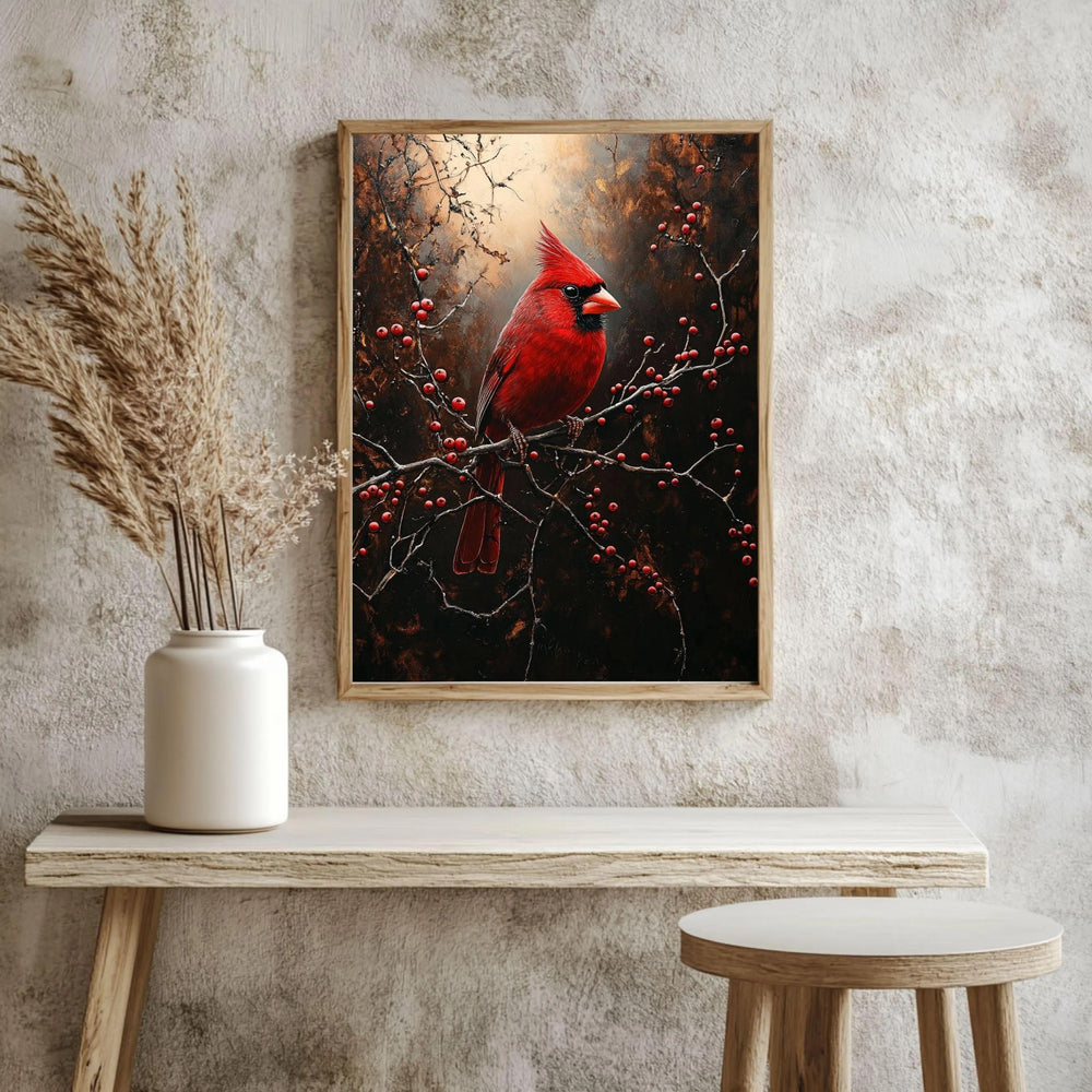 Red Cardinal Winter Framed Canvas Wall Art, Moody Woodland Bird Artwork, Rustic Nature Home Decor, Winter Wildlife Art