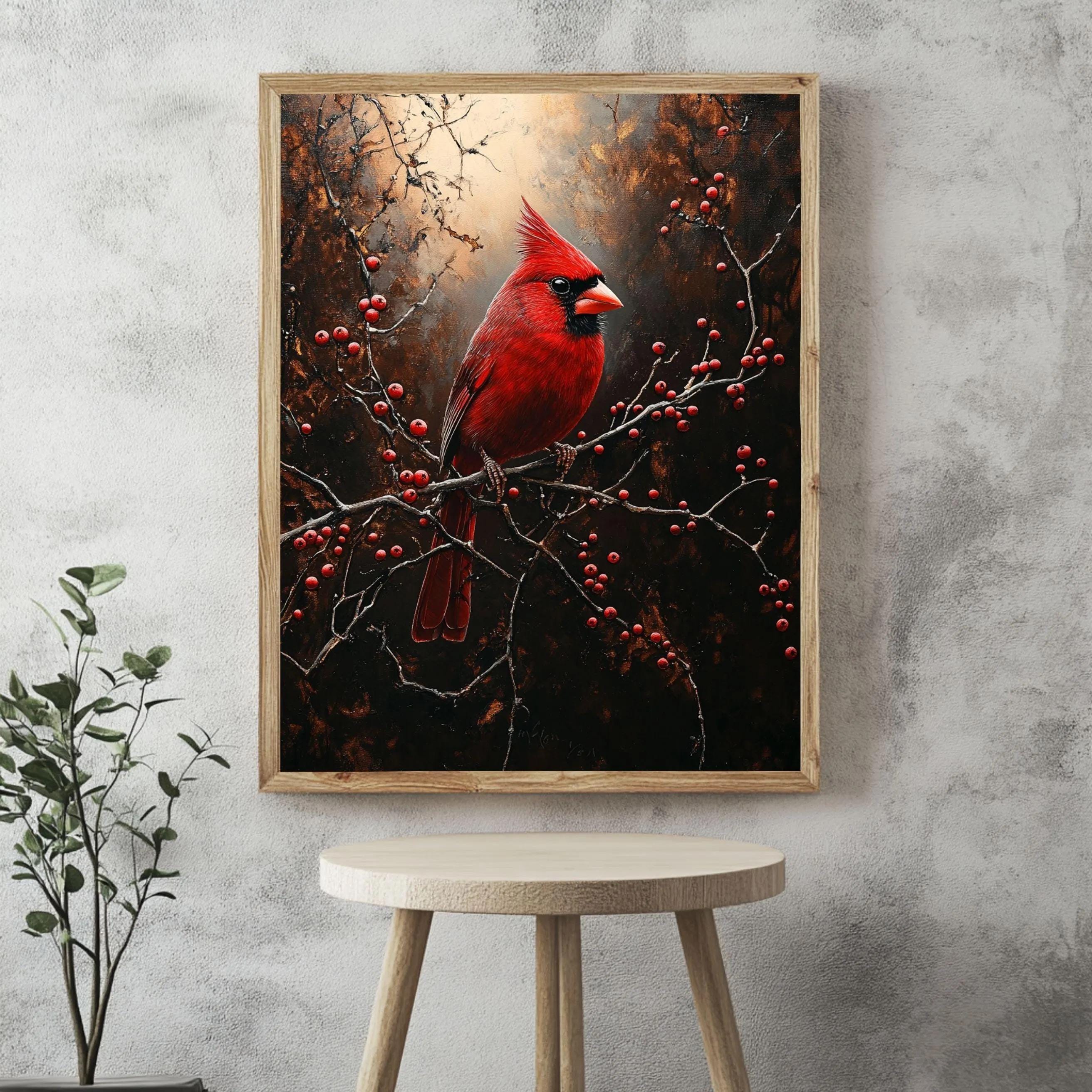 Red Cardinal Winter Framed Canvas Wall Art, Moody Woodland Bird Artwork, Rustic Nature Home Decor, Winter Wildlife Art