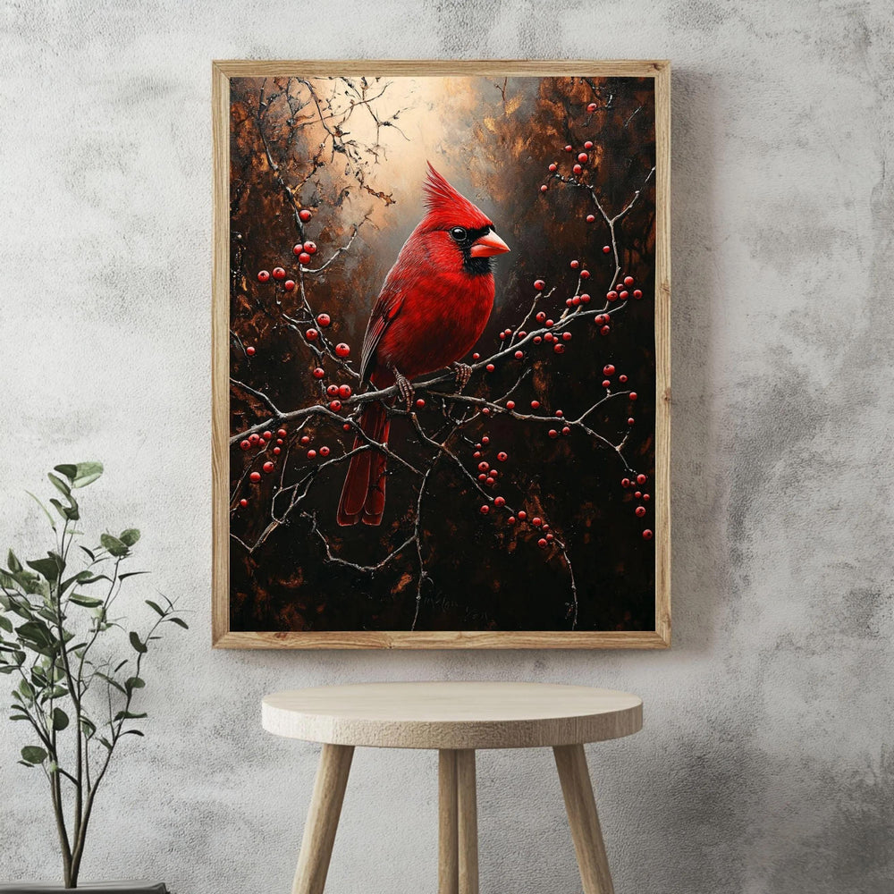Red Cardinal Winter Framed Canvas Wall Art, Moody Woodland Bird Artwork, Rustic Nature Home Decor, Winter Wildlife Art