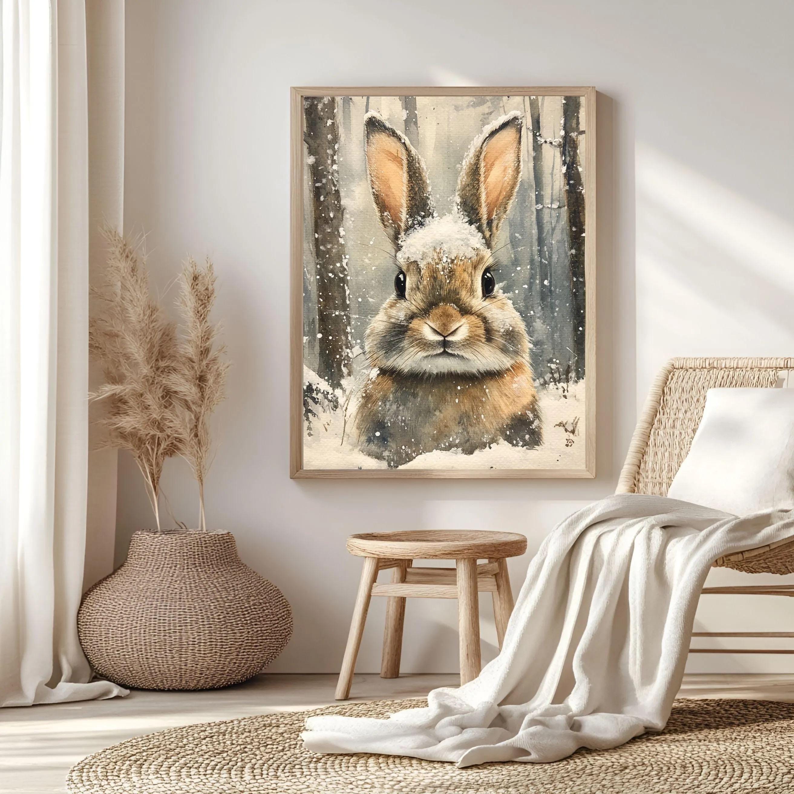 Rabbit Portrait Framed Canvas Art, Woodland Animal Wall Art, Cozy Winter Wildlife Decor, Rustic Nature Art