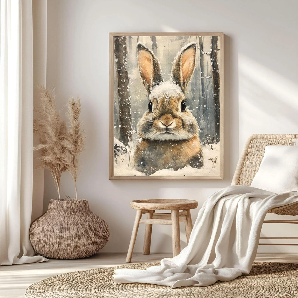 Rabbit Portrait Framed Canvas Art, Woodland Animal Wall Art, Cozy Winter Wildlife Decor, Rustic Nature Art