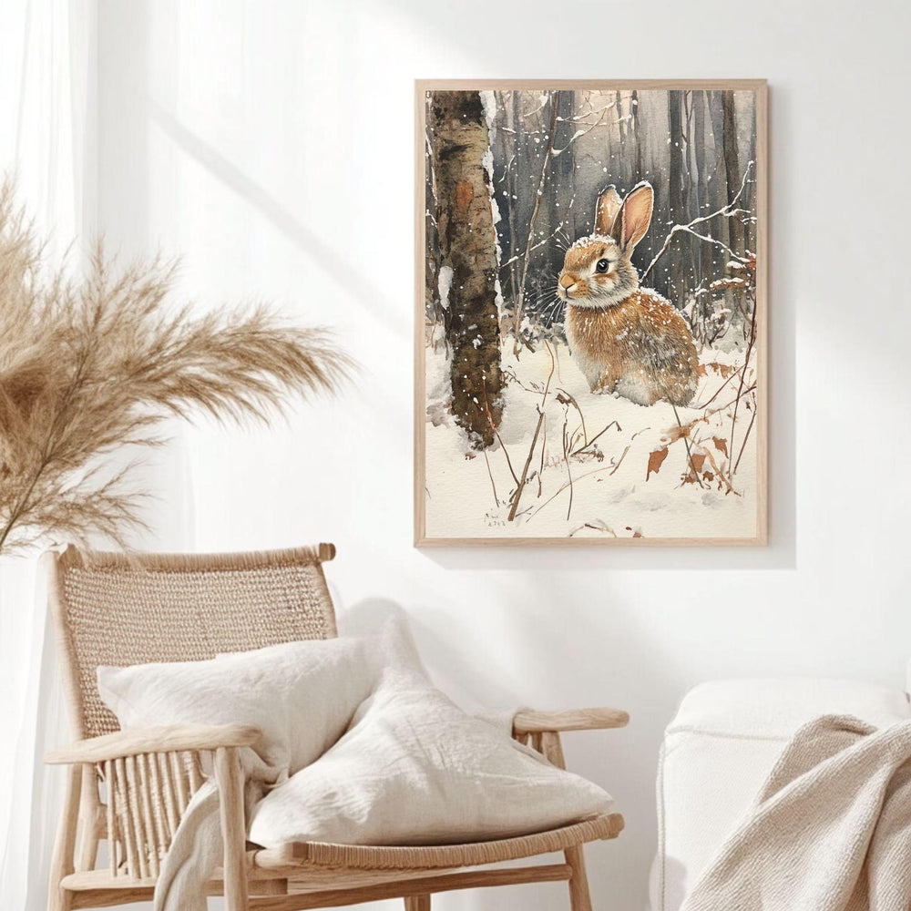 Woodland Rabbit Framed Canvas Art, Winter Animal Wall Art, Forest Wildlife Decor, Cozy Nature Canvas