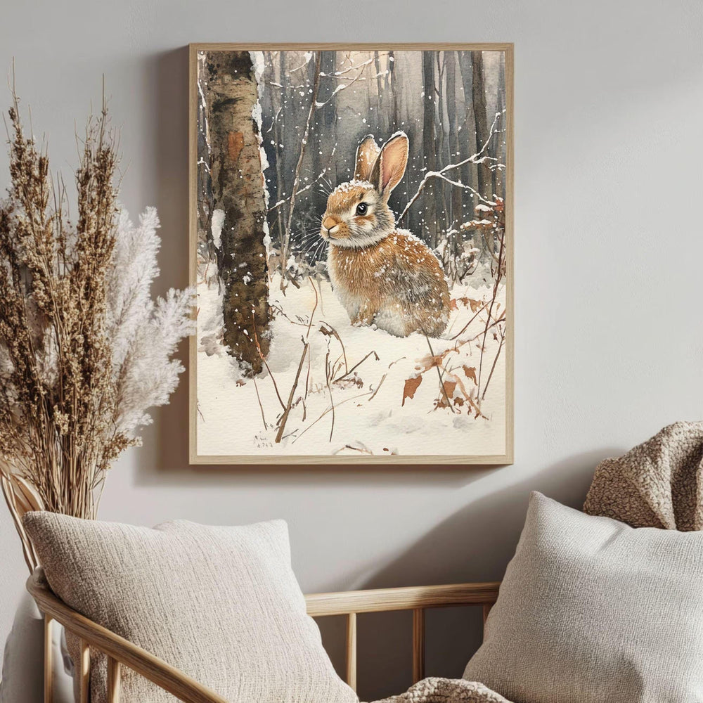 Woodland Rabbit Framed Canvas Art, Winter Animal Wall Art, Forest Wildlife Decor, Cozy Nature Canvas