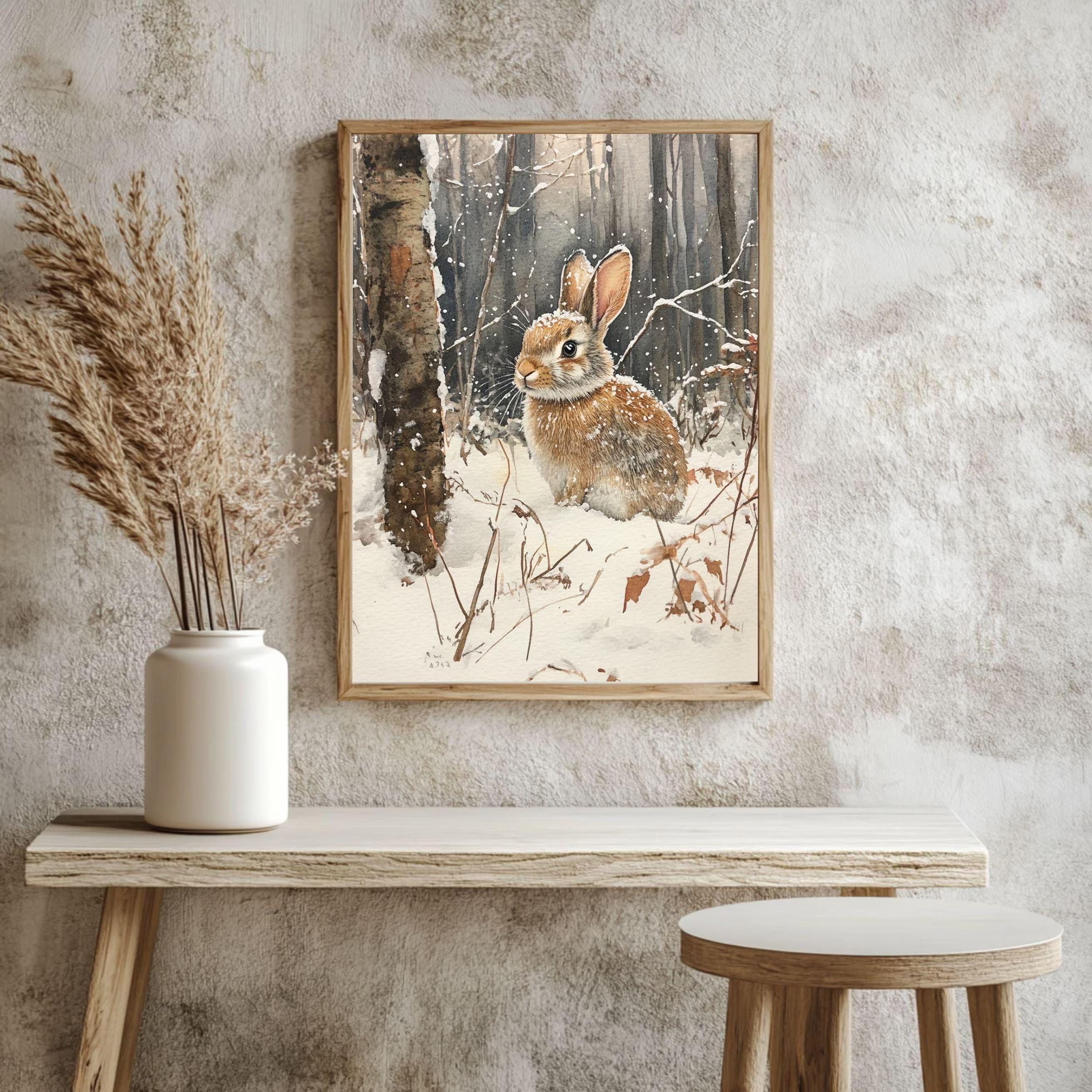 Woodland Rabbit Framed Canvas Art, Winter Animal Wall Art, Forest Wildlife Decor, Cozy Nature Canvas