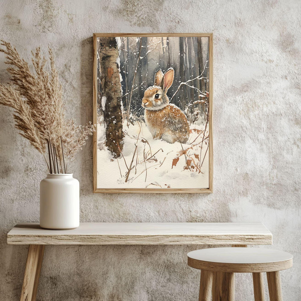 Woodland Rabbit Framed Canvas Art, Winter Animal Wall Art, Forest Wildlife Decor, Cozy Nature Canvas