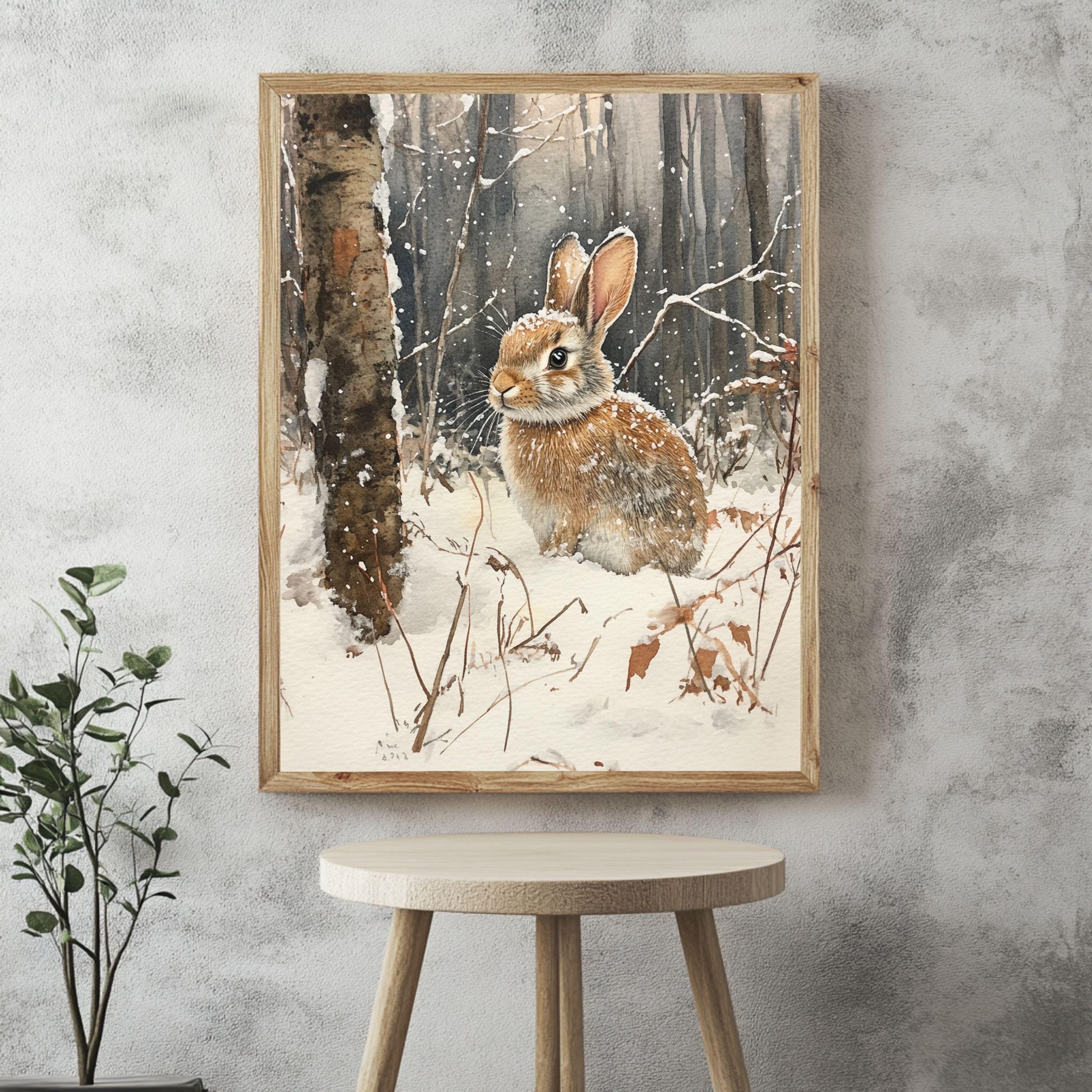 Woodland Rabbit Framed Canvas Art, Winter Animal Wall Art, Forest Wildlife Decor, Cozy Nature Canvas