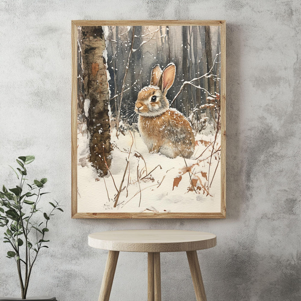 Woodland Rabbit Framed Canvas Art, Winter Animal Wall Art, Forest Wildlife Decor, Cozy Nature Canvas
