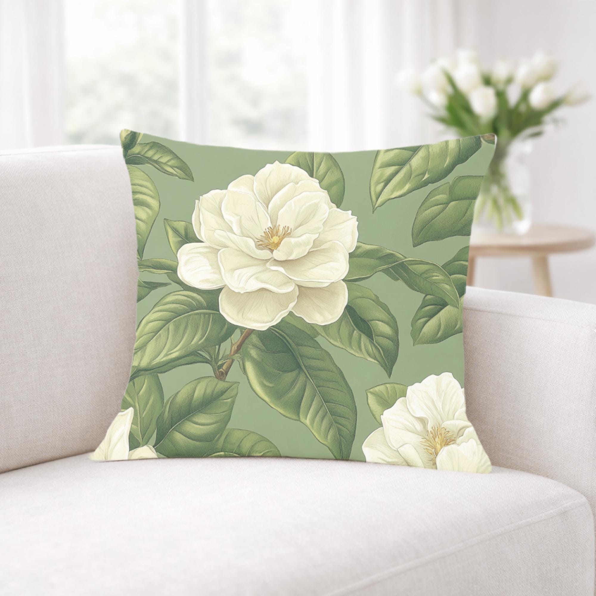 Sage Gardenia Decorative Pillow, Elegant White Floral Cushion, Botanical Green Throw Pillow, Classic Flower Pillowcase, Cottagecore Decor