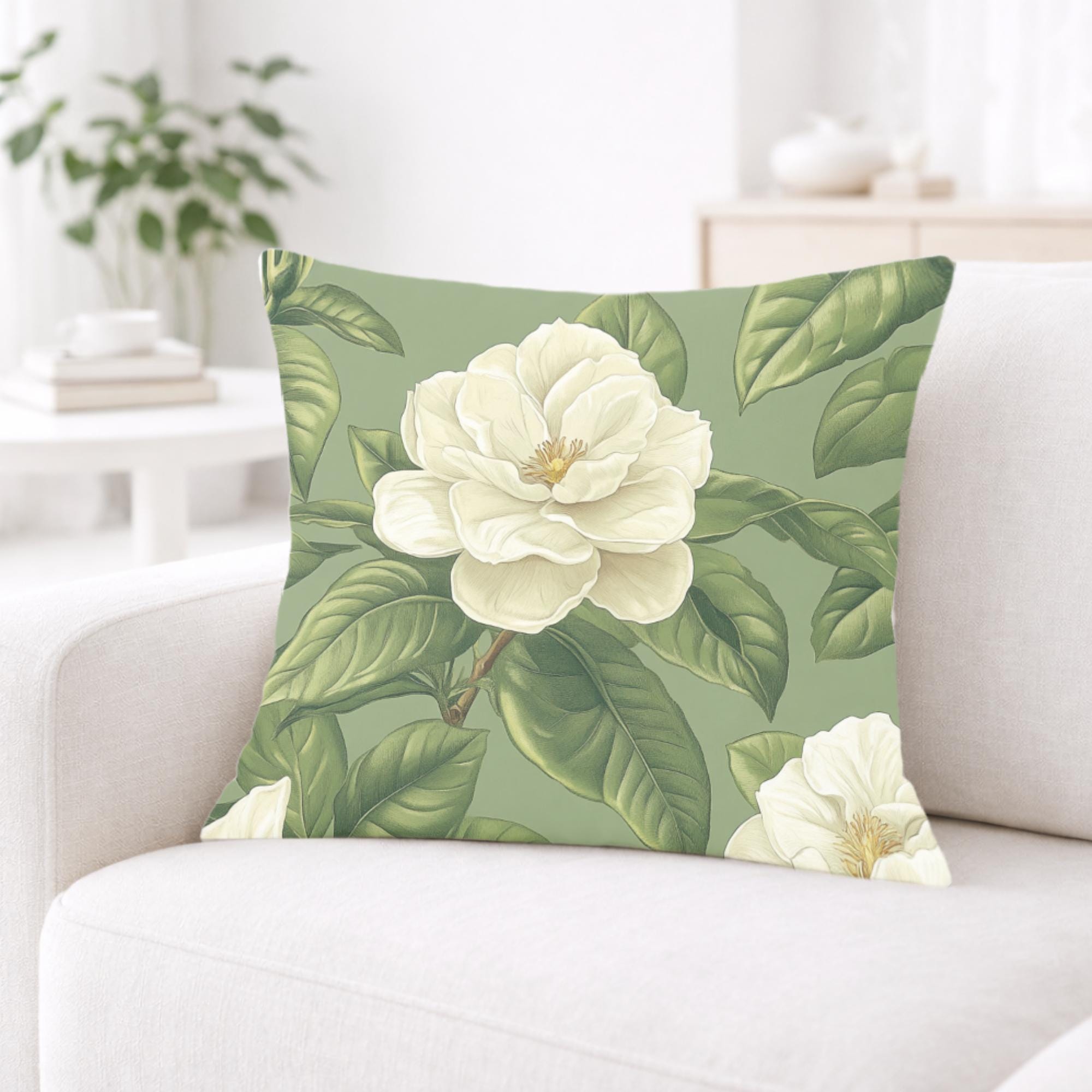 Sage Gardenia Decorative Pillow, Elegant White Floral Cushion, Botanical Green Throw Pillow, Classic Flower Pillowcase, Cottagecore Decor