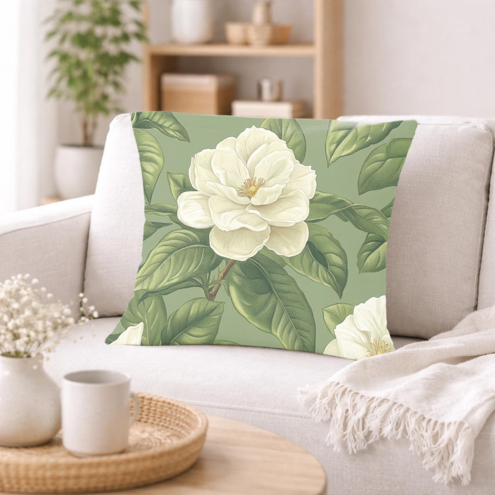 Sage Gardenia Decorative Pillow, Elegant White Floral Cushion, Botanical Green Throw Pillow, Classic Flower Pillowcase, Cottagecore Decor