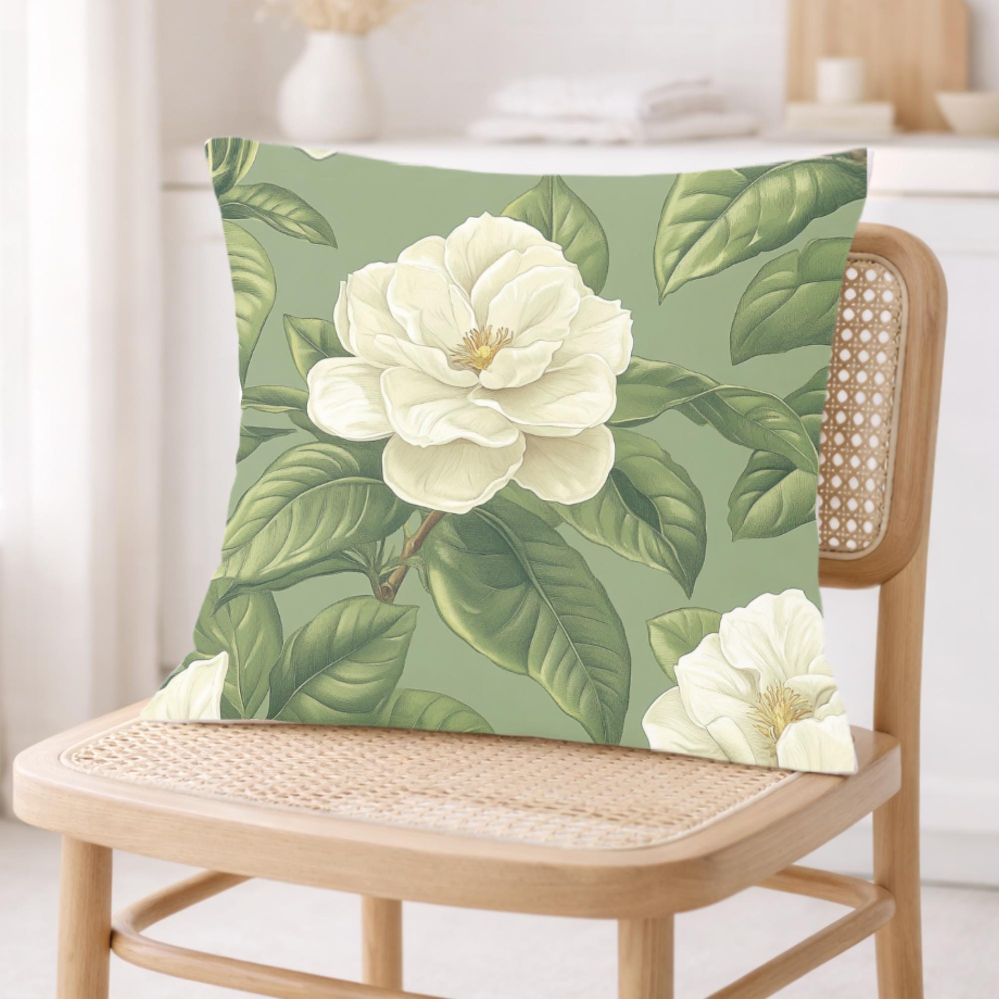 Sage Gardenia Decorative Pillow, Elegant White Floral Cushion, Botanical Green Throw Pillow, Classic Flower Pillowcase, Cottagecore Decor