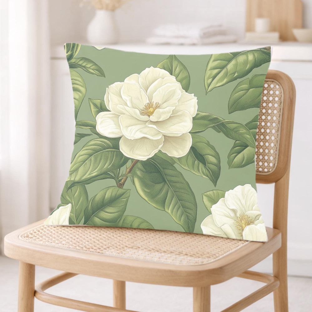 Sage Gardenia Decorative Pillow, Elegant White Floral Cushion, Botanical Green Throw Pillow, Classic Flower Pillowcase, Cottagecore Decor