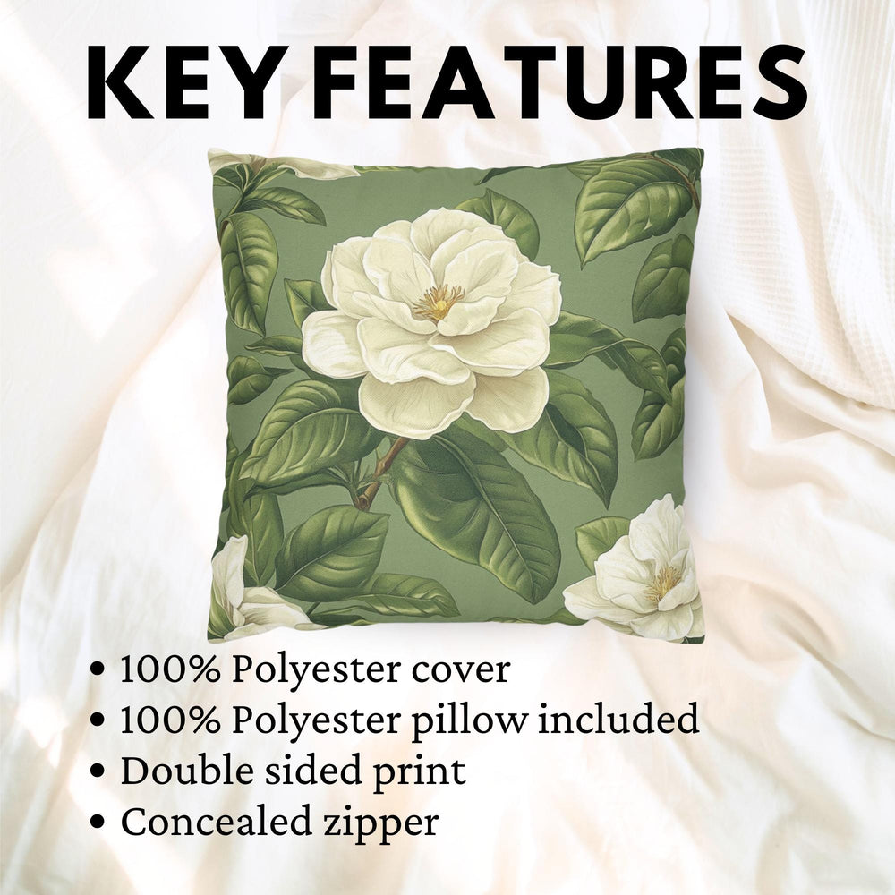 Sage Gardenia Decorative Pillow, Elegant White Floral Cushion, Botanical Green Throw Pillow, Classic Flower Pillowcase, Cottagecore Decor