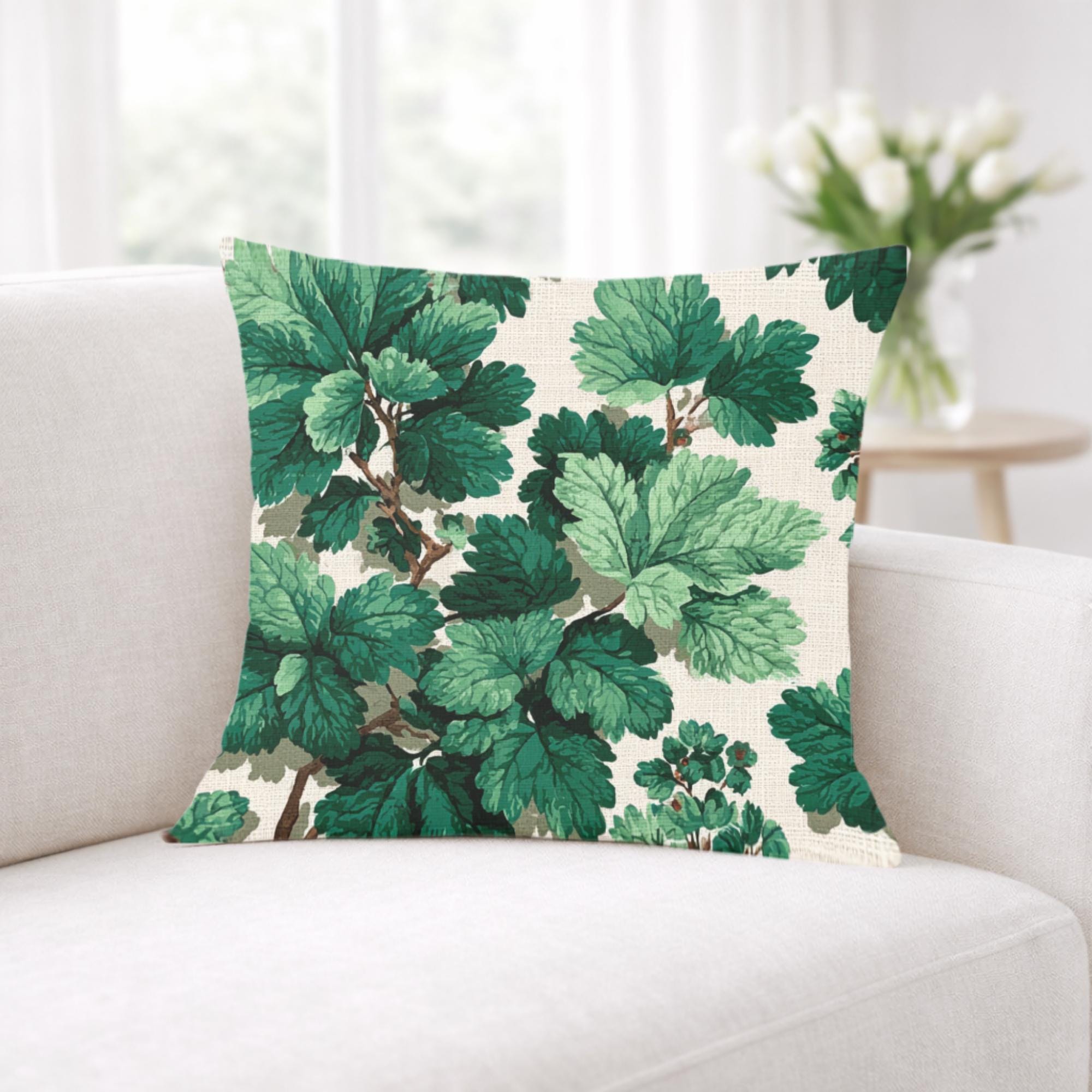 Green Botanical Leaves Pillow, Nature-Inspired Cushion, Lush Garden Leaf Throw Pillow, Cottagecore Pillowcase, Serene Home Decor