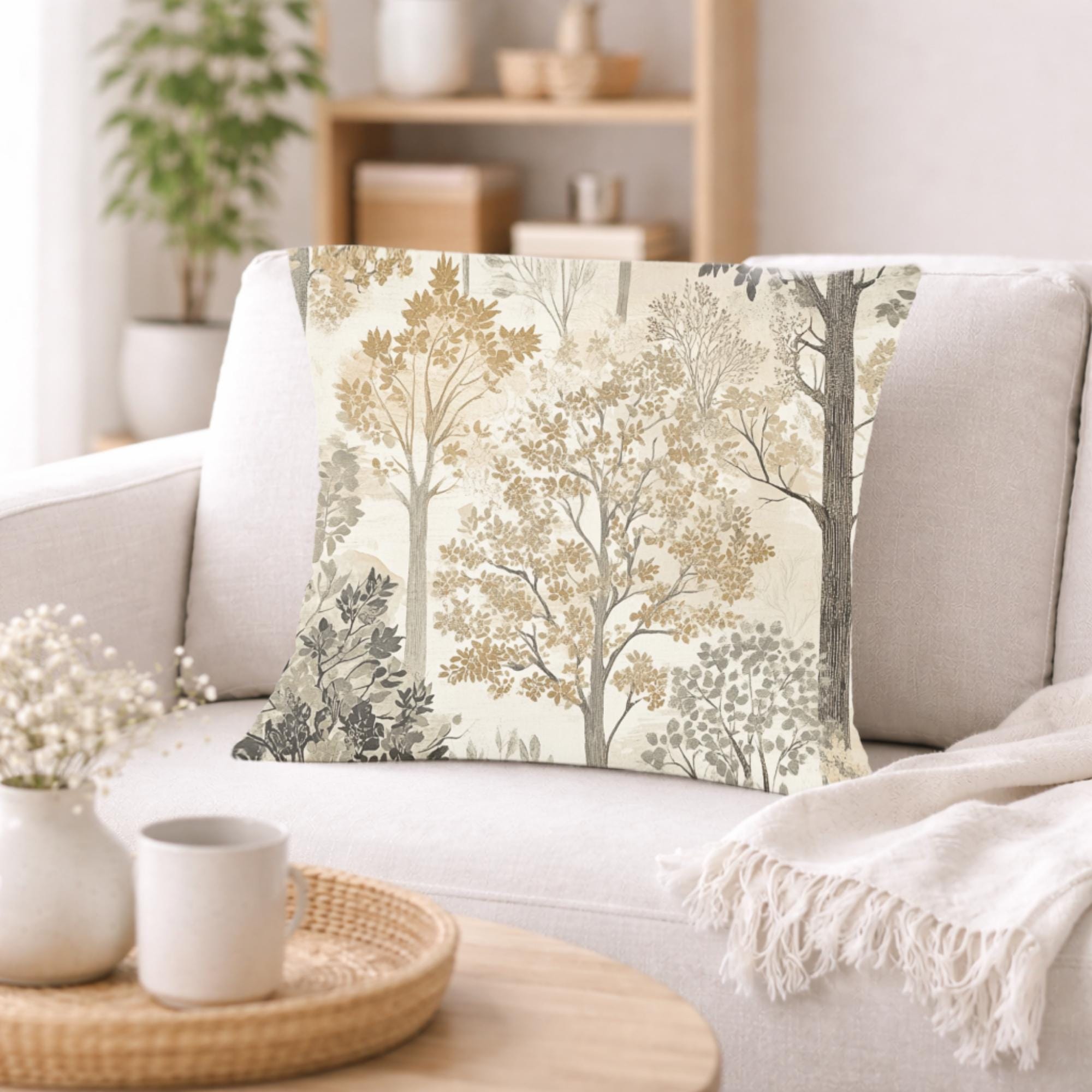 Woodland Forest Trees Pillow, Neutral Nature-Inspired Throw Pillow, Beige Grey Accent Cushion, Botanical Pillowcase, Cozy Rustic Home Decor