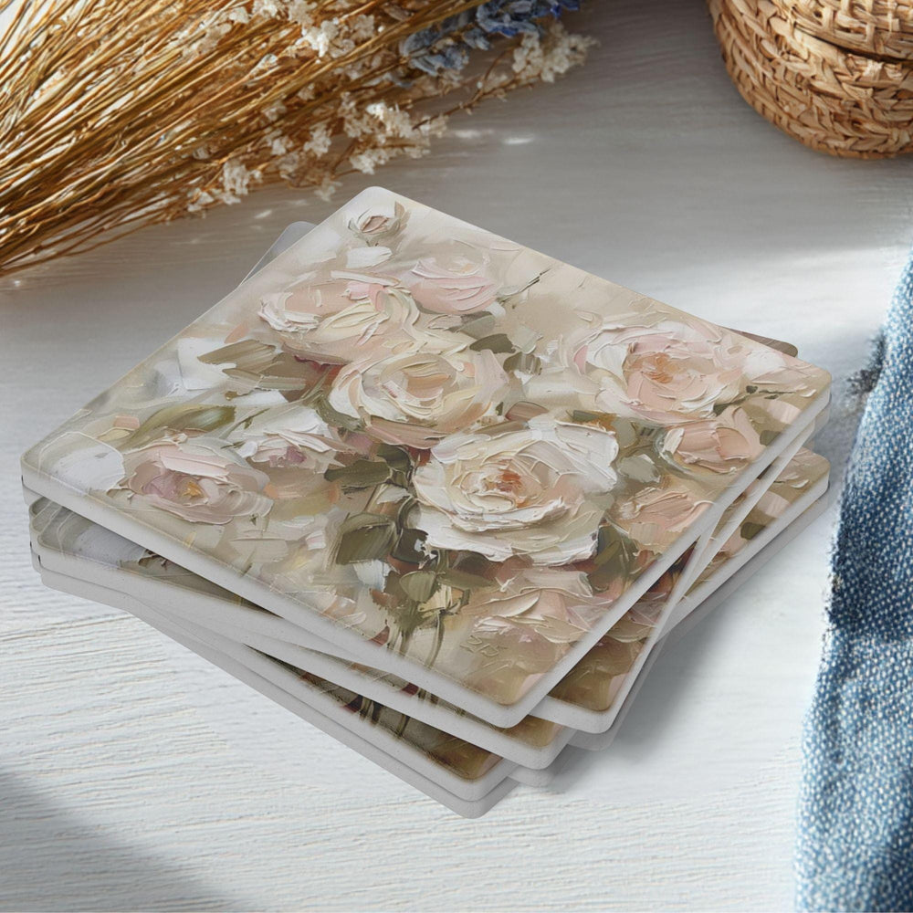 Blush Floral Coaster Set of 4, Neutral Rose Table Decor, Elegant Botanical Drink Coasters, Cottage Chic Style