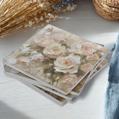 Blush Floral Coaster Set of 4, Neutral Rose Table Decor, Elegant Botanical Drink Coasters, Cottage Chic Style