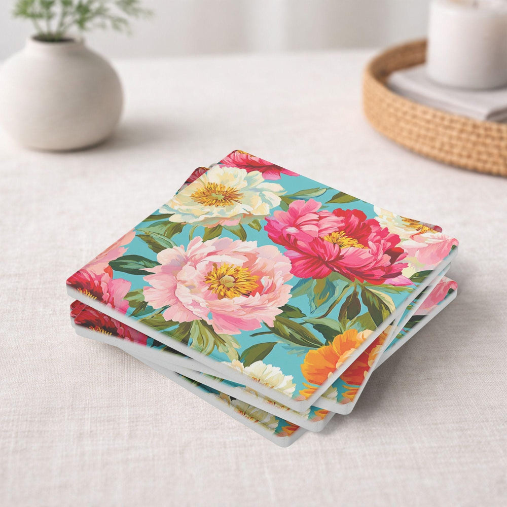 Floral Coaster Set of 4, Colorful Peony Table Decor, Vibrant Botanical Drink Coasters, Statement Home Accent