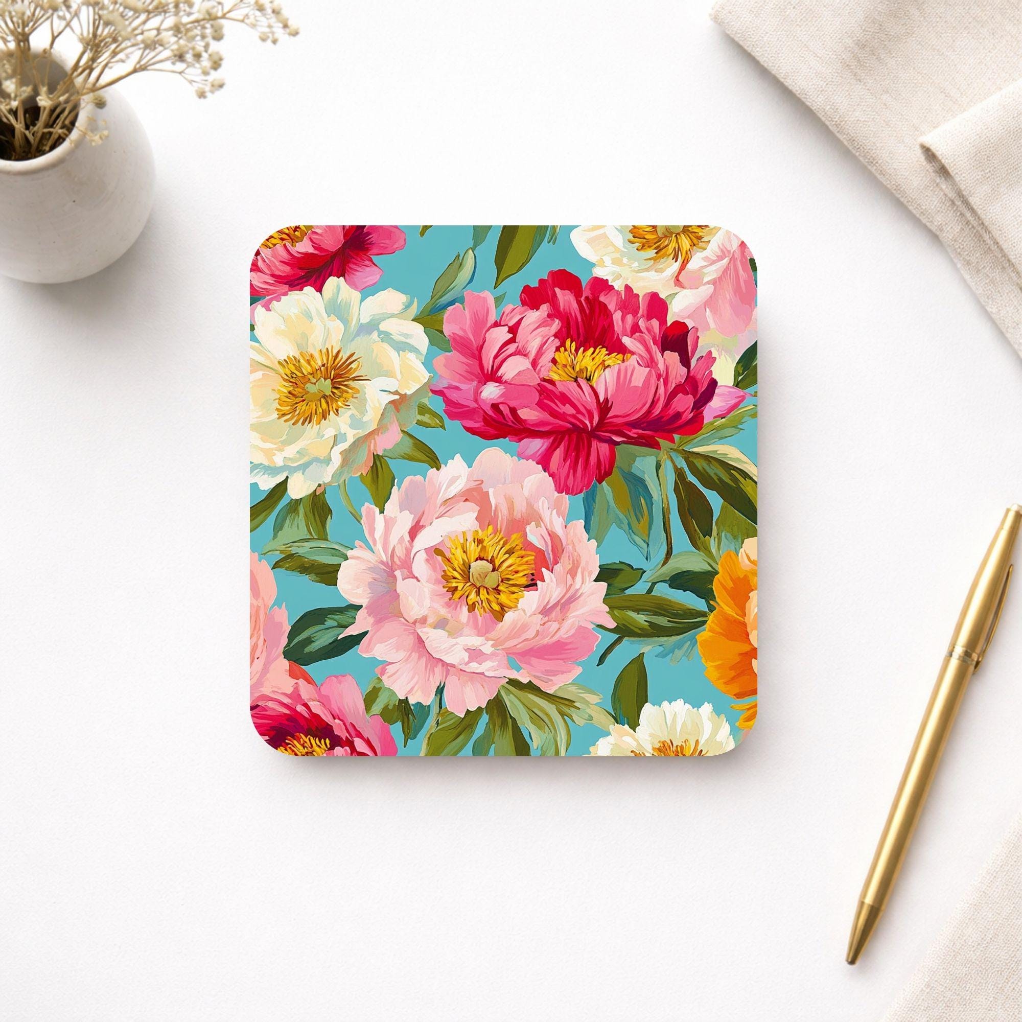 Floral Coaster Set of 4, Colorful Peony Table Decor, Vibrant Botanical Drink Coasters, Statement Home Accent
