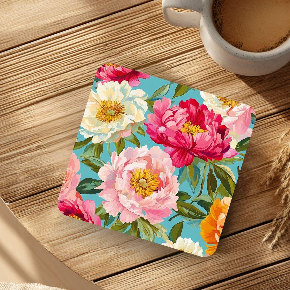 Floral Coaster Set of 4, Colorful Peony Table Decor, Vibrant Botanical Drink Coasters, Statement Home Accent