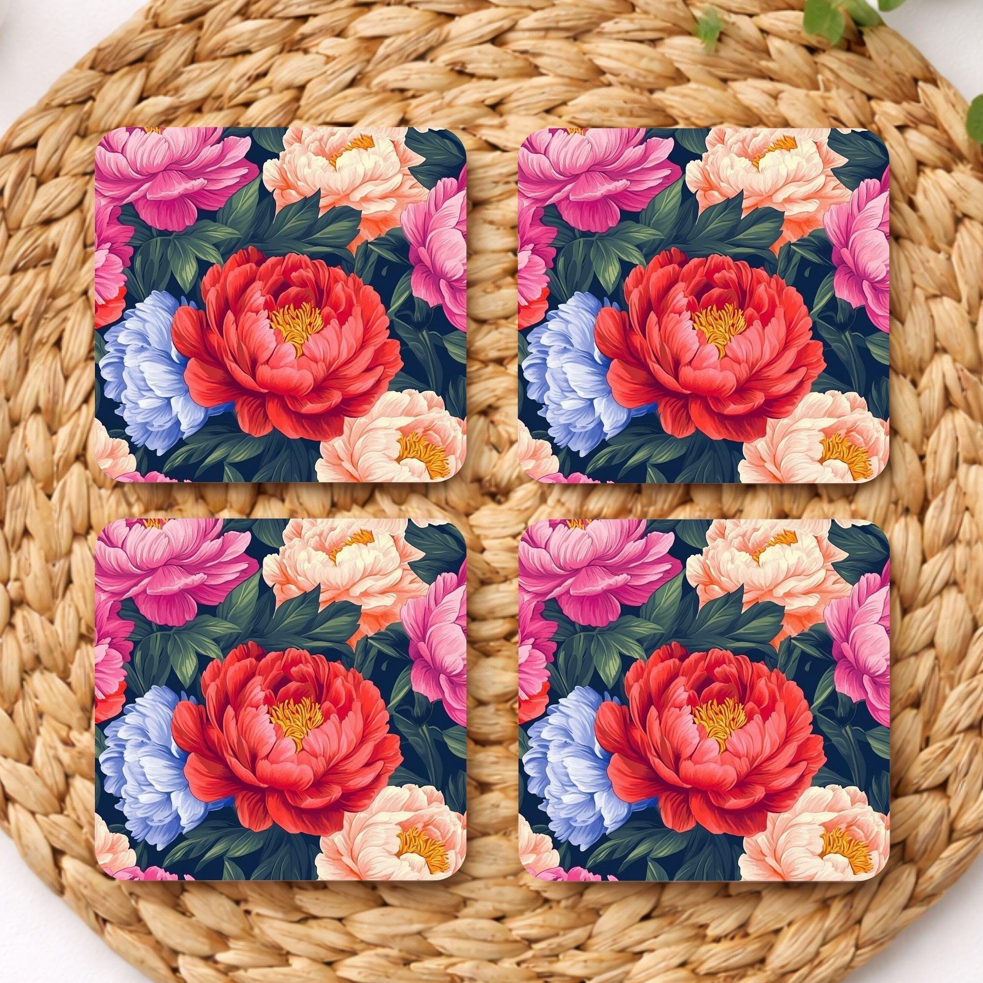 Dark Floral Coaster Set of 4, Dark Botanical Table Decor, Dramatic Peony Drink Coasters, Elegant Home Accent