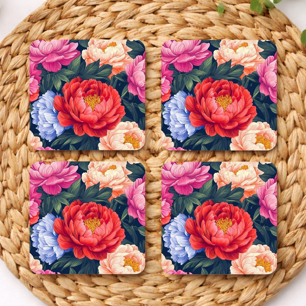Dark Floral Coaster Set of 4, Dark Botanical Table Decor, Dramatic Peony Drink Coasters, Elegant Home Accent