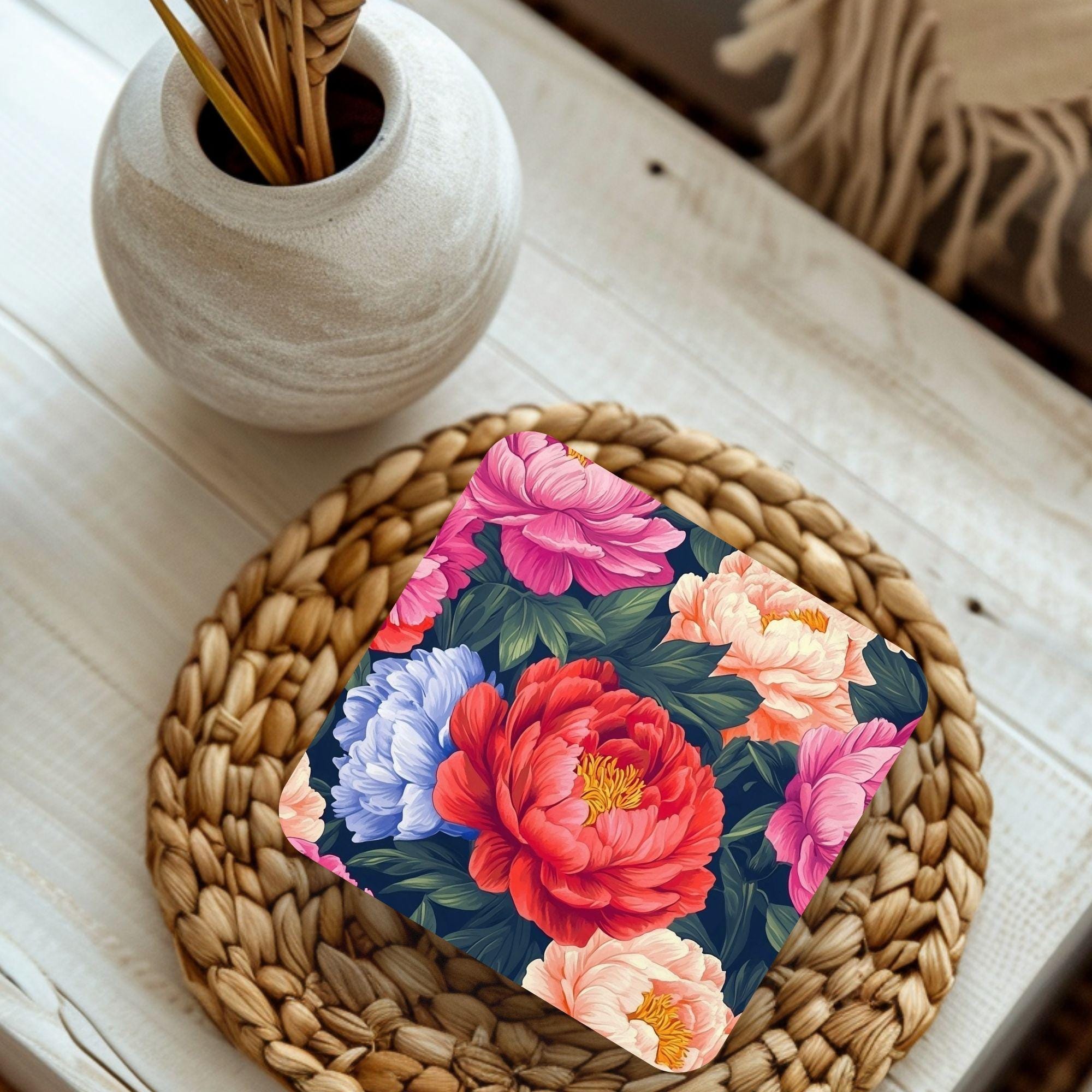 Dark Floral Coaster Set of 4, Dark Botanical Table Decor, Dramatic Peony Drink Coasters, Elegant Home Accent