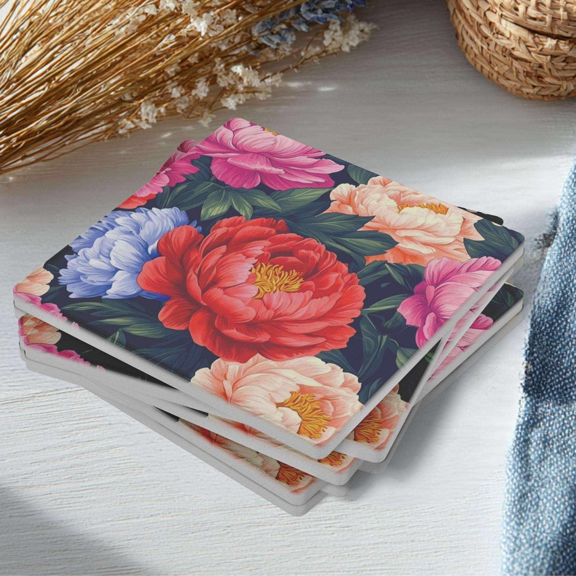 Dark Floral Coaster Set of 4, Dark Botanical Table Decor, Dramatic Peony Drink Coasters, Elegant Home Accent