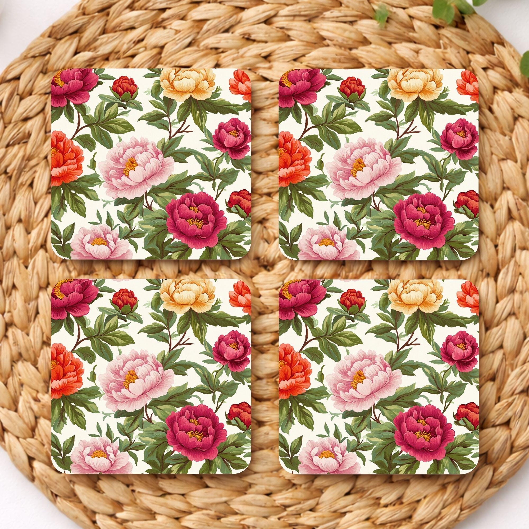 Rose Coaster Set of 4, Soft Floral Table Decor, Romantic Botanical Drink Coasters, Neutral Home Style
