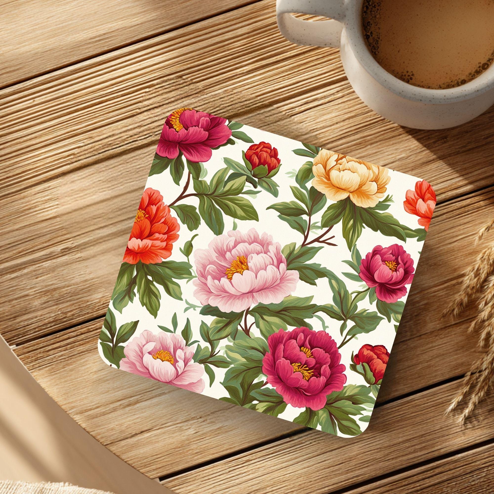 Rose Coaster Set of 4, Soft Floral Table Decor, Romantic Botanical Drink Coasters, Neutral Home Style