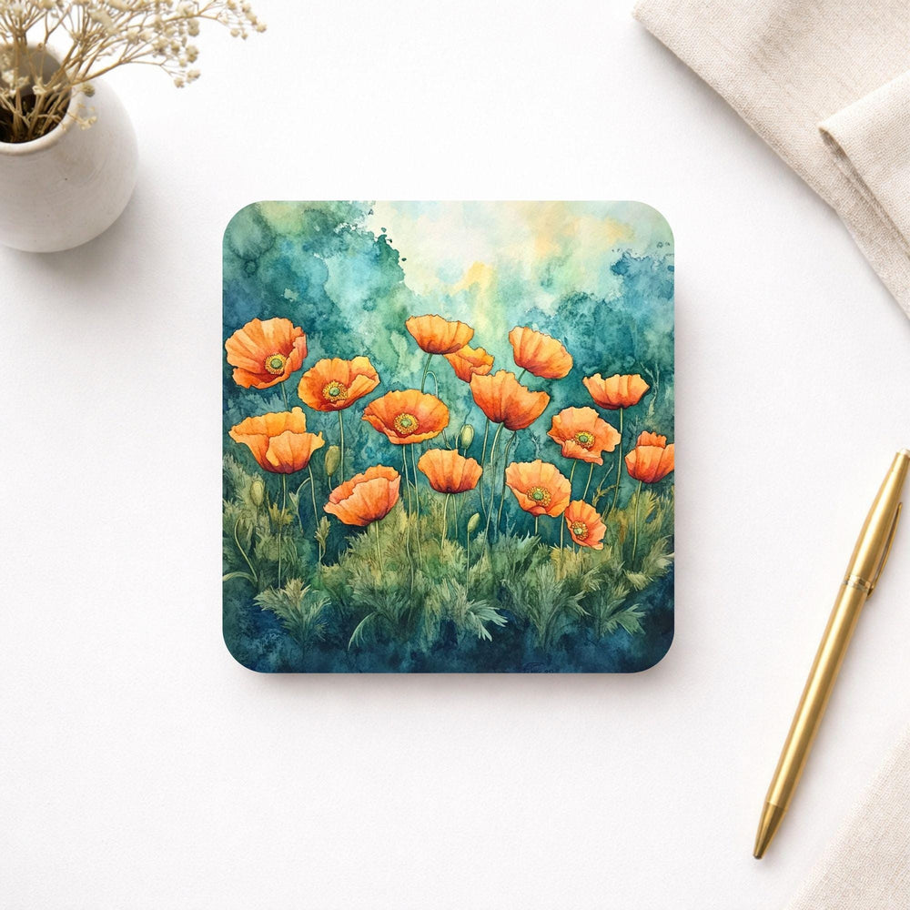 Poppy Botanical Coaster Set of 4, Teal Floral Table Decor, Cottage Garden Drink Coasters, Nature Inspired Home Accent