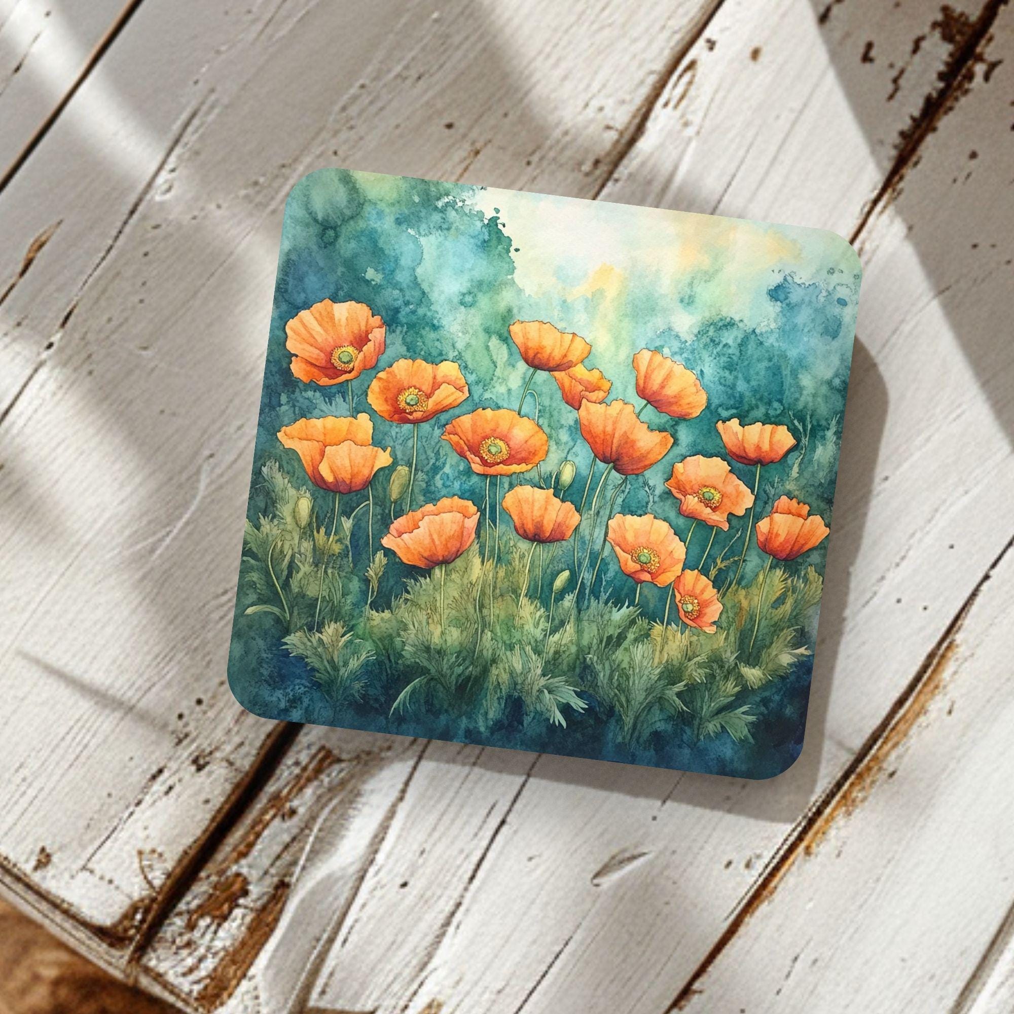 Poppy Botanical Coaster Set of 4, Teal Floral Table Decor, Cottage Garden Drink Coasters, Nature Inspired Home Accent