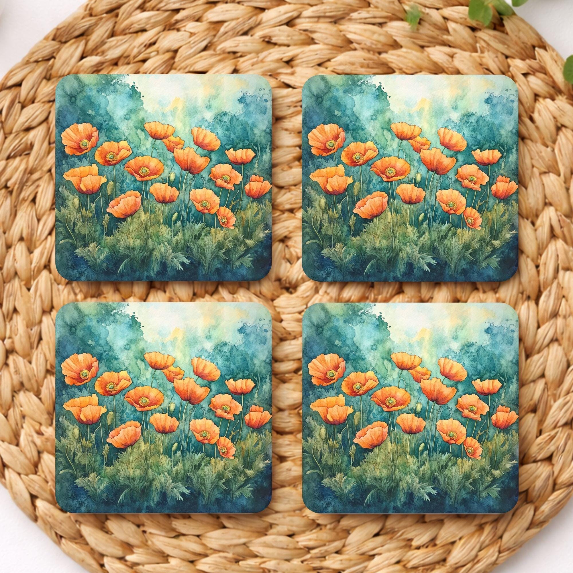 Poppy Botanical Coaster Set of 4, Teal Floral Table Decor, Cottage Garden Drink Coasters, Nature Inspired Home Accent