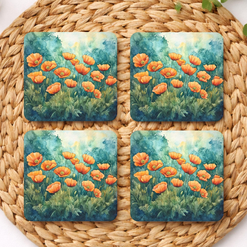 Poppy Botanical Coaster Set of 4, Teal Floral Table Decor, Cottage Garden Drink Coasters, Nature Inspired Home Accent