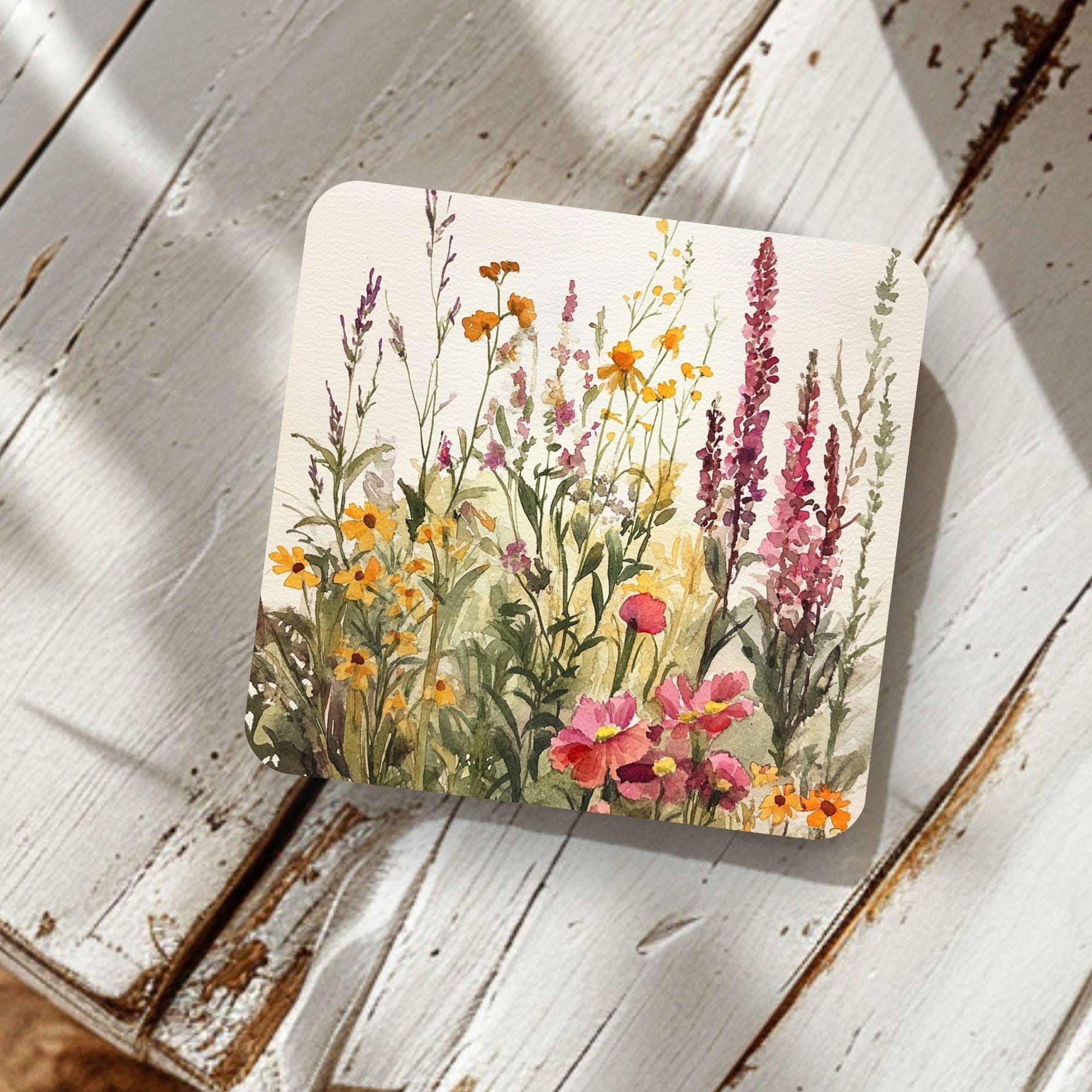 Wildflower Meadow Set of 4, Floral Coaster Table Decor, Soft Botanical Drink Coasters, Cottage Home Style