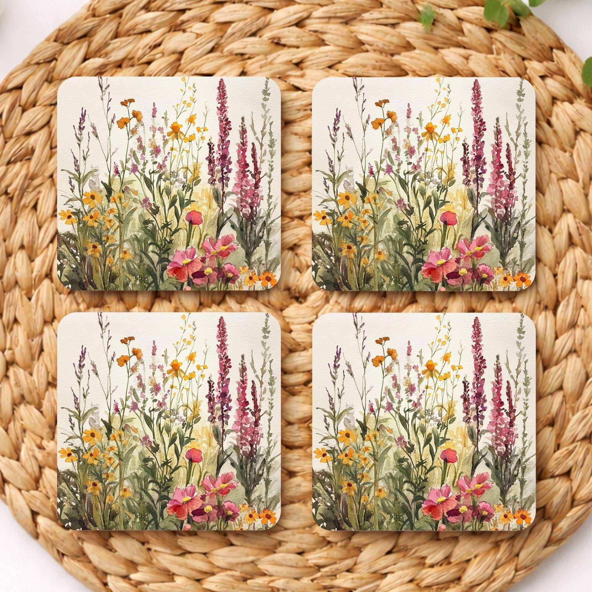 Wildflower Meadow Set of 4, Floral Coaster Table Decor, Soft Botanical Drink Coasters, Cottage Home Style