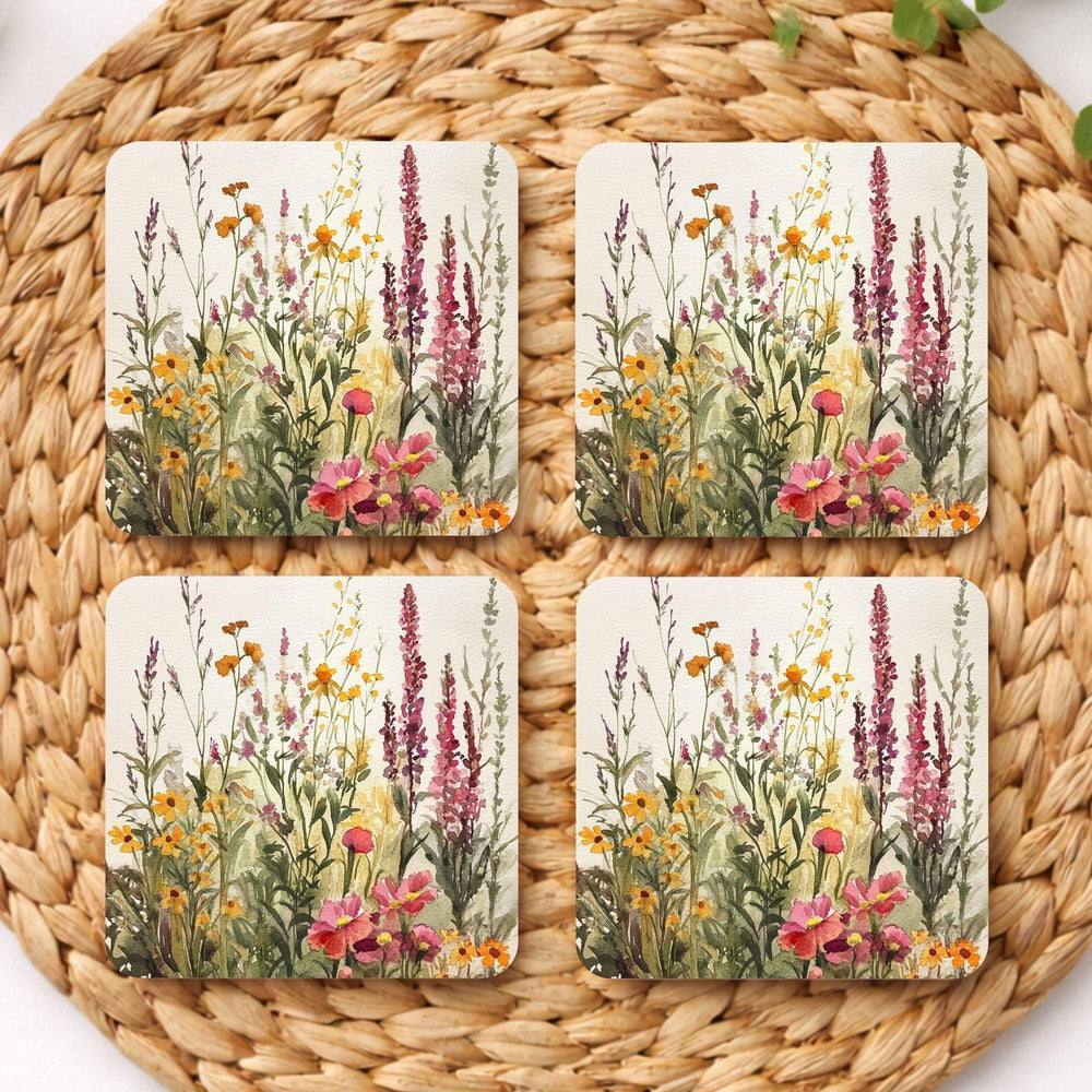 Wildflower Meadow Set of 4, Floral Coaster Table Decor, Soft Botanical Drink Coasters, Cottage Home Style