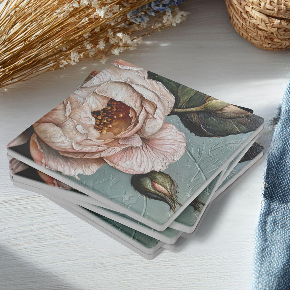 Vintage Rose Coaster Set of 4, Botanical Floral Decor, Soft Neutral Drink Coasters, Elegant Home Accent