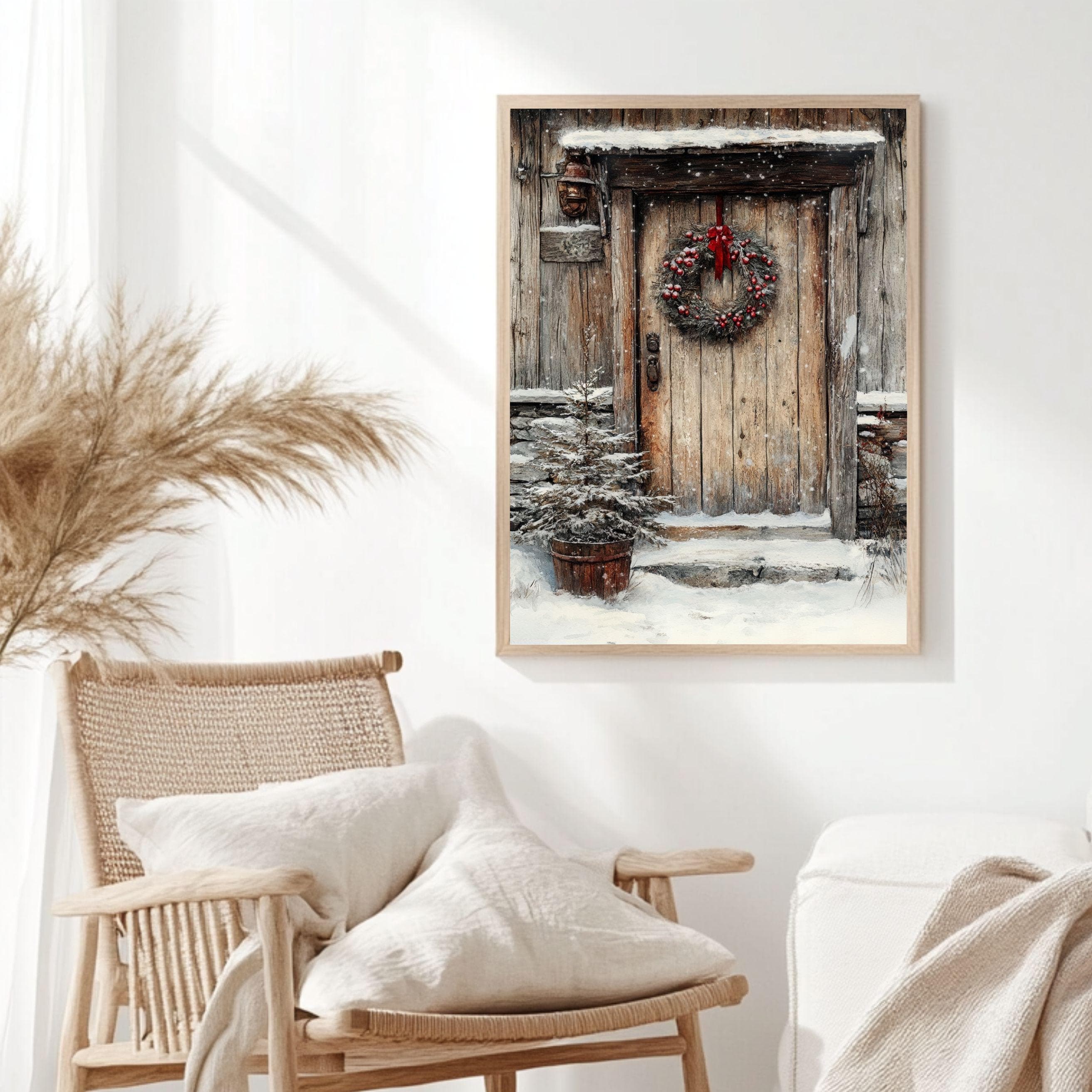 Rustic Winter Door Framed Canvas Art, Farmhouse Holiday Wall Art, Cozy Christmas Entryway Decor