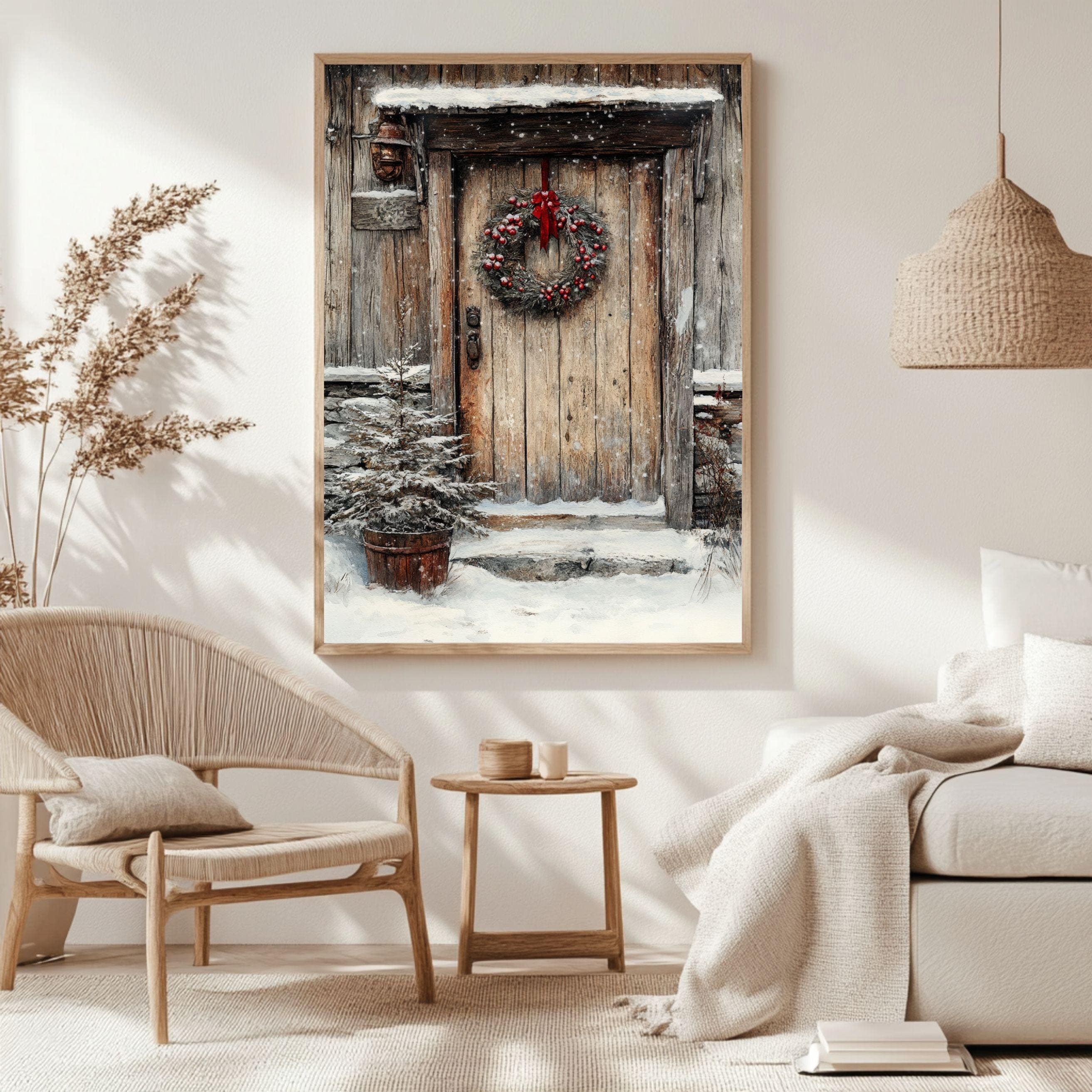 Rustic Winter Door Framed Canvas Art, Farmhouse Holiday Wall Art, Cozy Christmas Entryway Decor