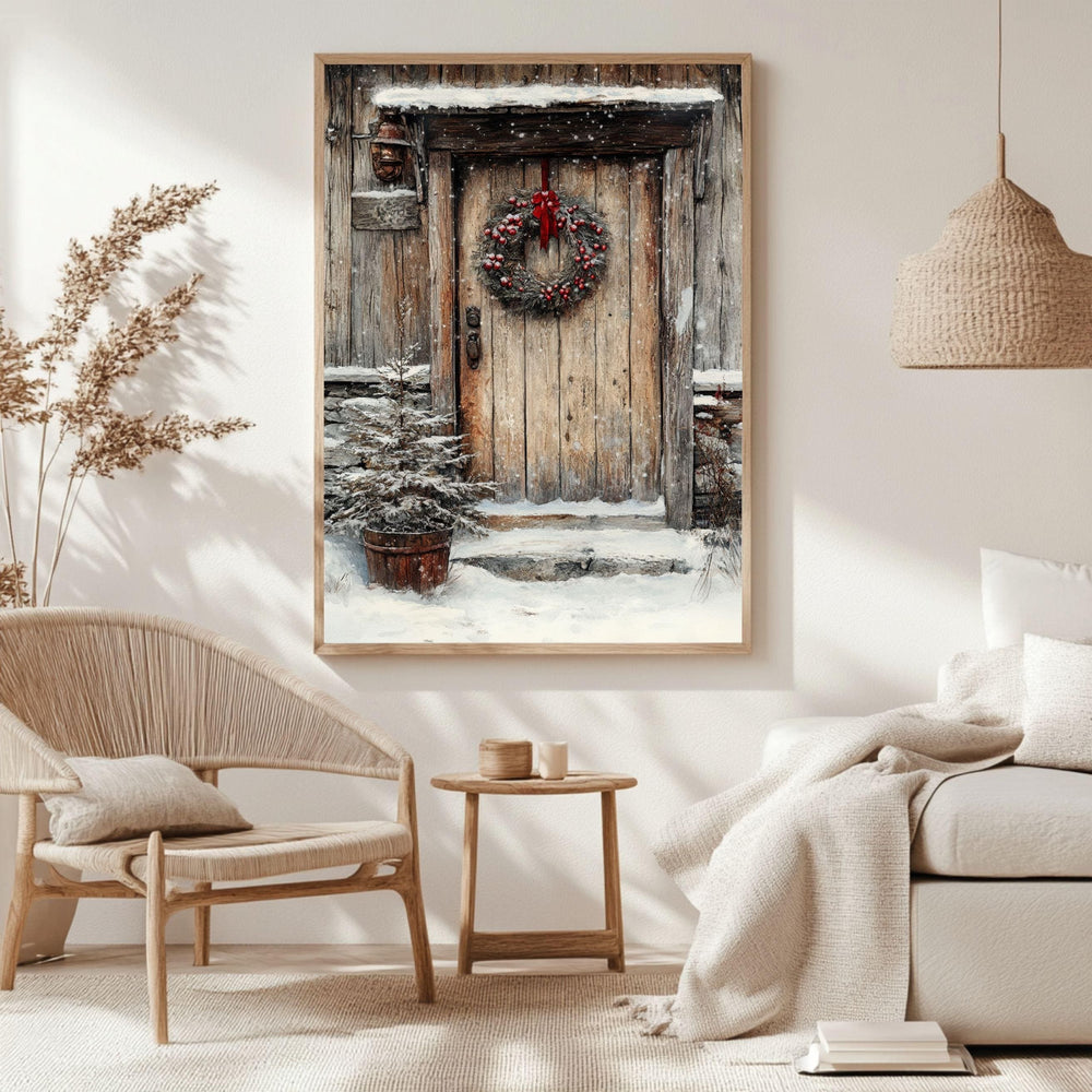 Rustic Winter Door Framed Canvas Art, Farmhouse Holiday Wall Art, Cozy Christmas Entryway Decor