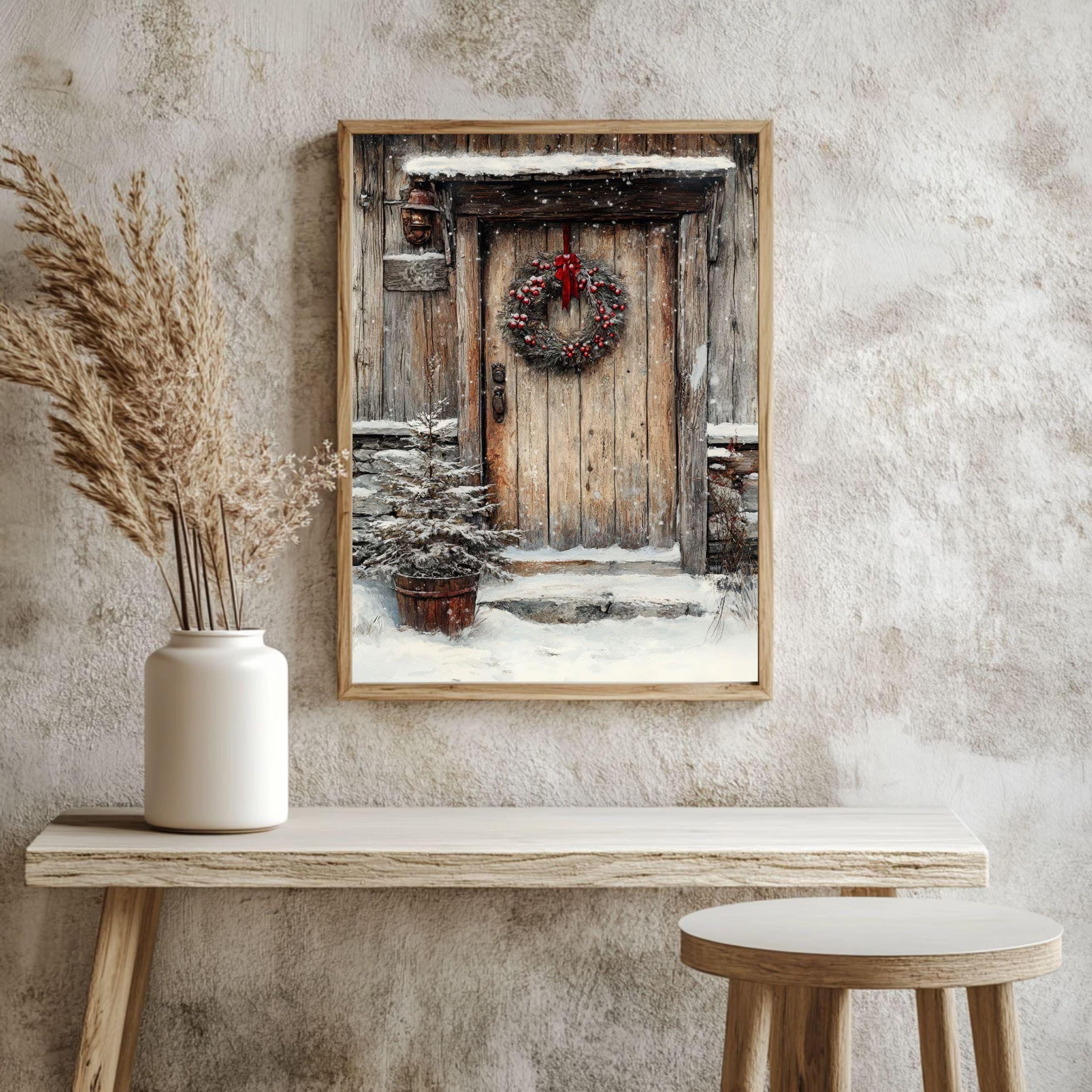 Rustic Winter Door Framed Canvas Art, Farmhouse Holiday Wall Art, Cozy Christmas Entryway Decor