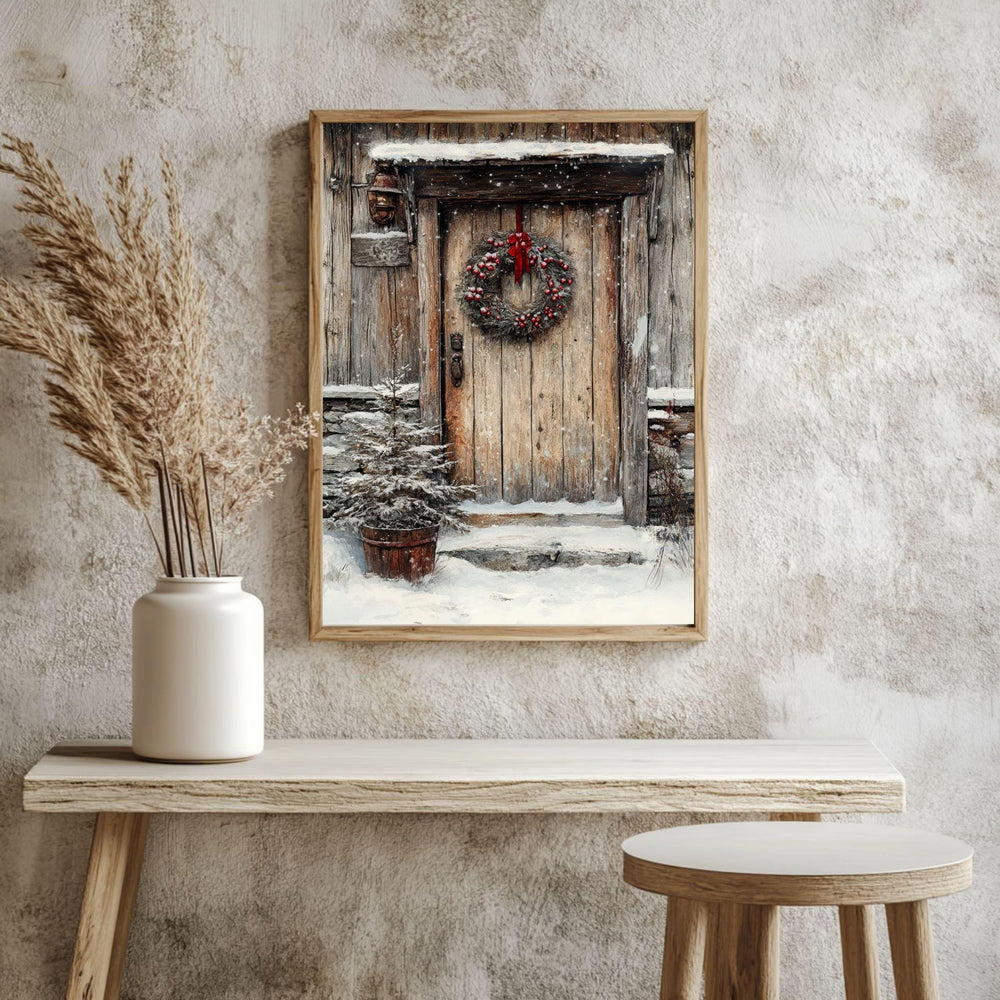 Rustic Winter Door Framed Canvas Art, Farmhouse Holiday Wall Art, Cozy Christmas Entryway Decor