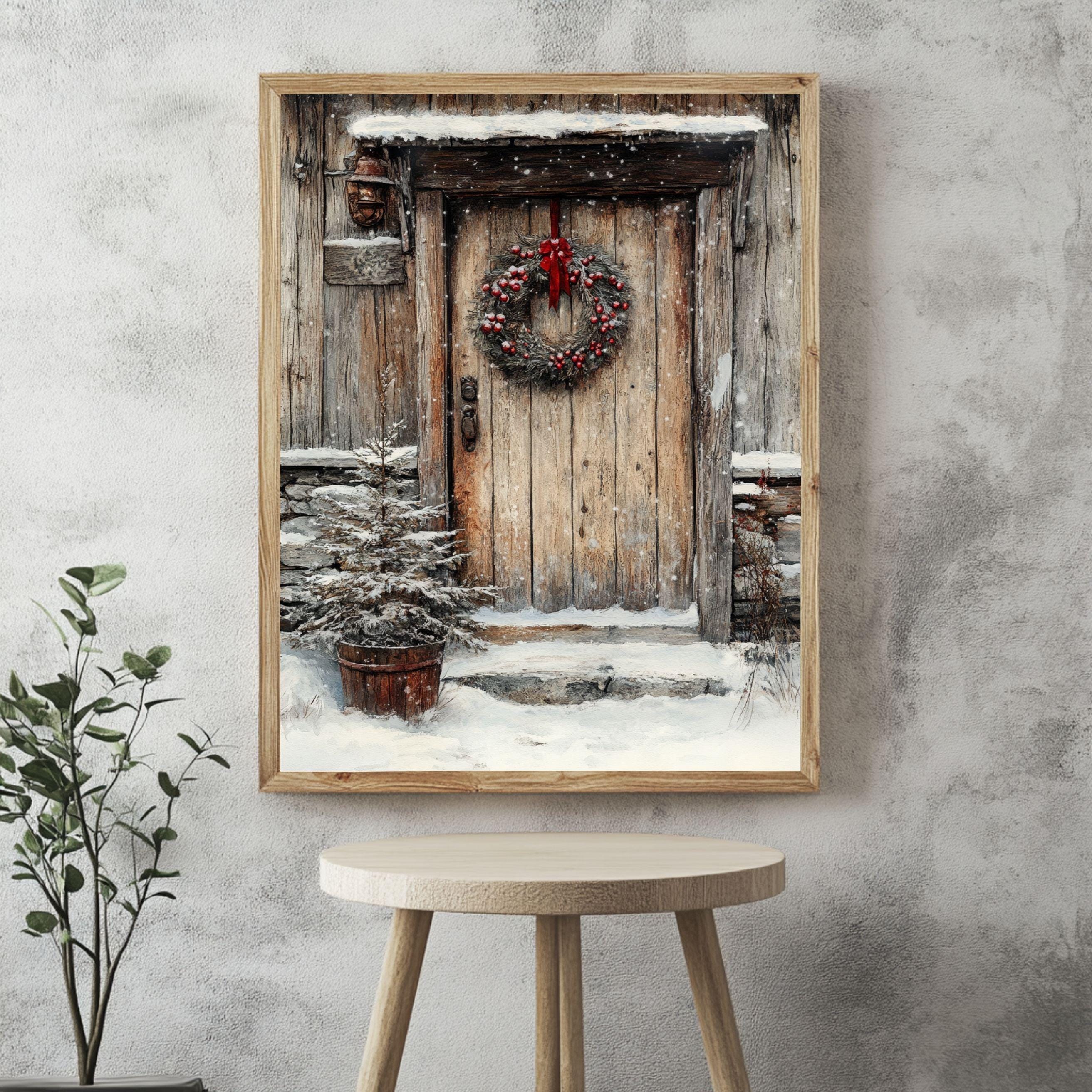 Rustic Winter Door Framed Canvas Art, Farmhouse Holiday Wall Art, Cozy Christmas Entryway Decor
