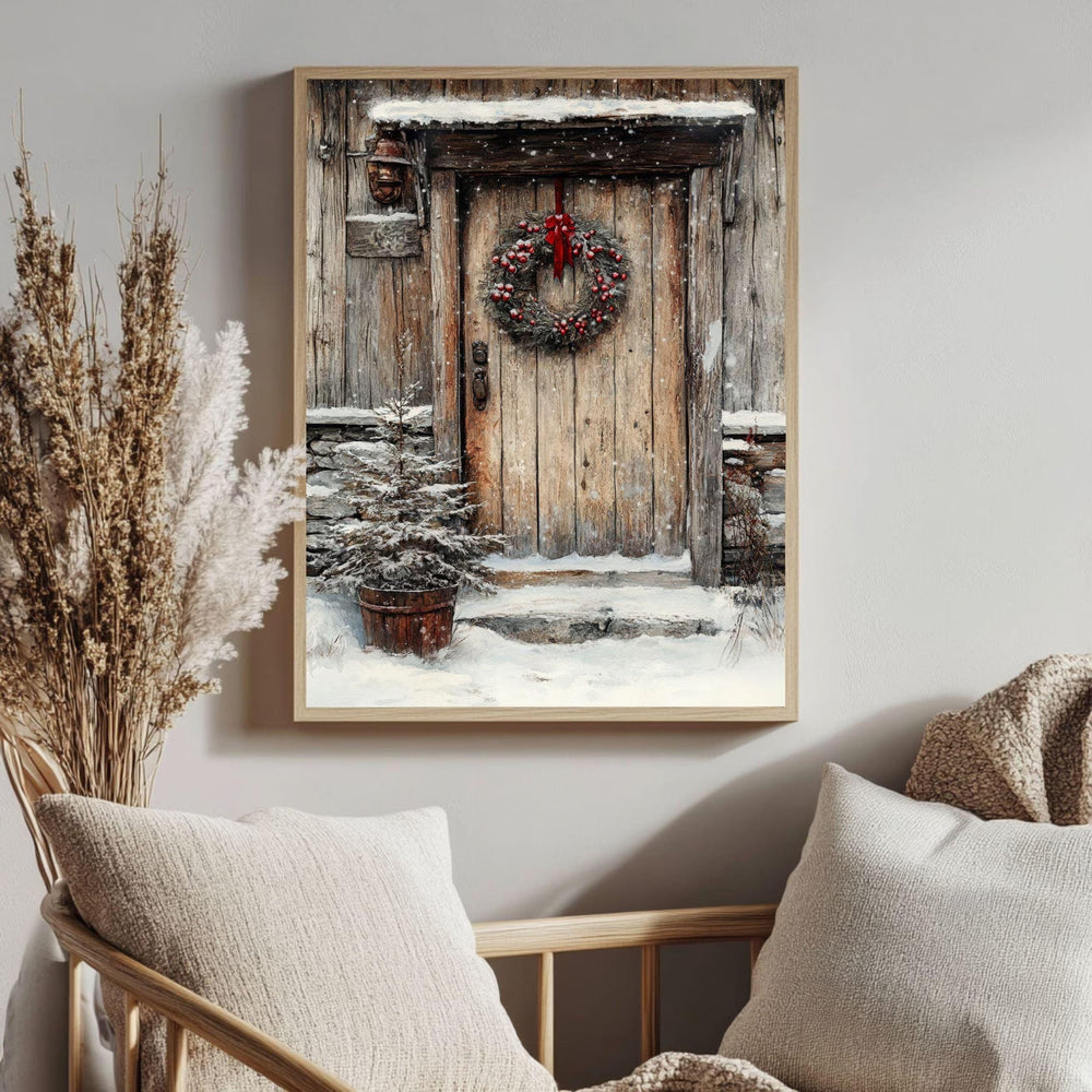 Rustic Winter Door Framed Canvas Art, Farmhouse Holiday Wall Art, Cozy Christmas Entryway Decor