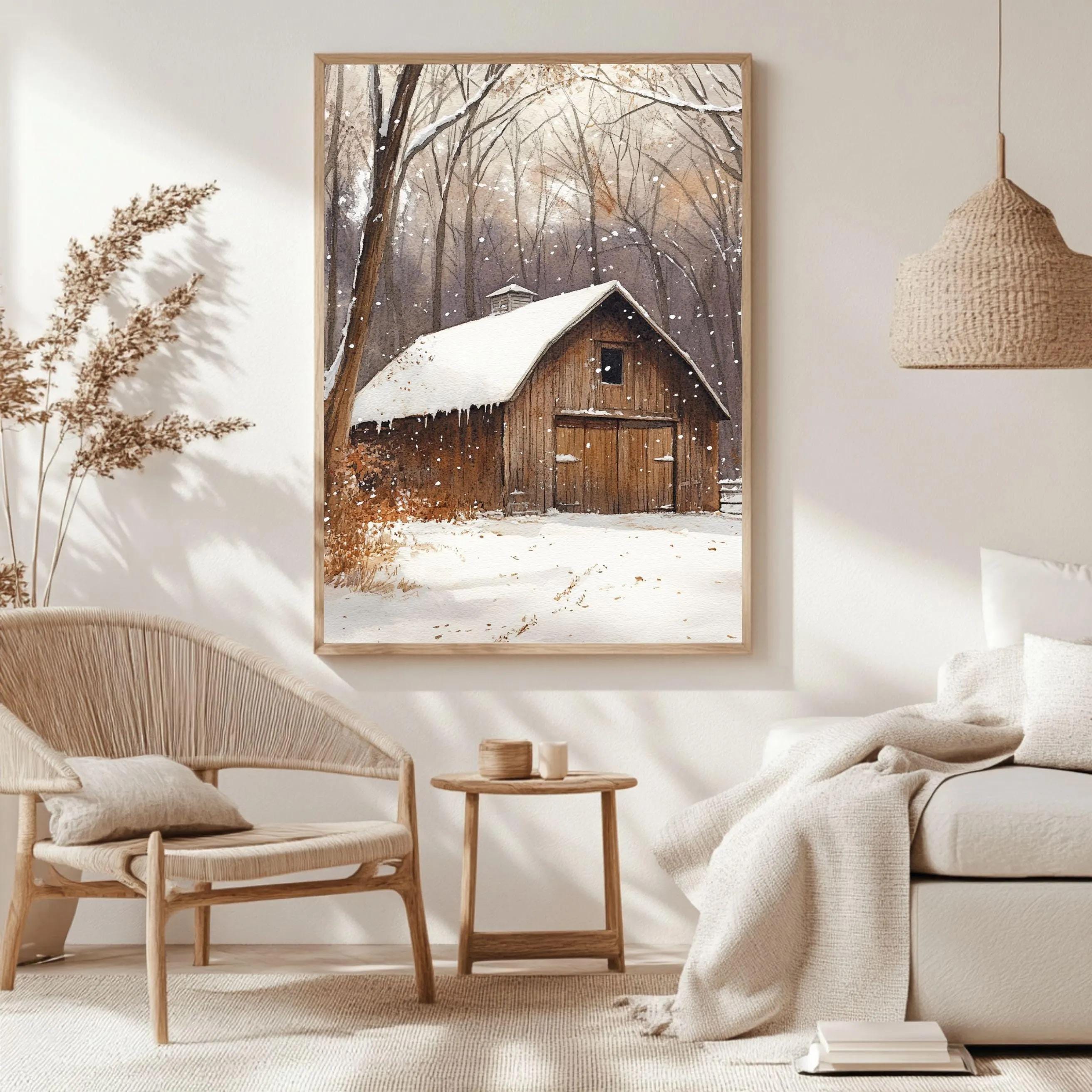 Rustic Winter Barn Wall Art, Snow Covered Wooden Barn Print, Farm Landscape Art, Print Canvas Framed Canvas Decor