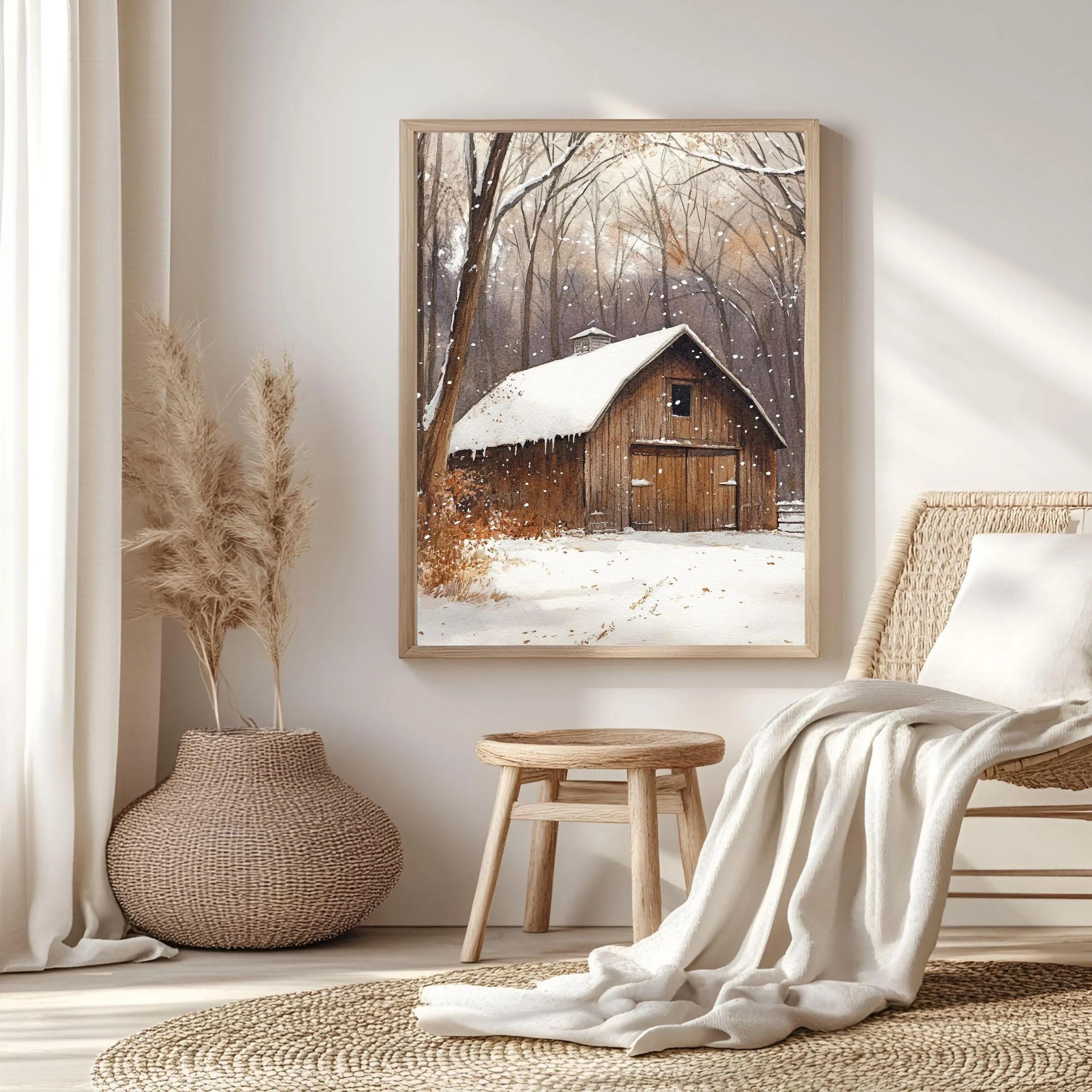 Rustic Winter Barn Wall Art, Snow Covered Wooden Barn Print, Farm Landscape Art, Print Canvas Framed Canvas Decor