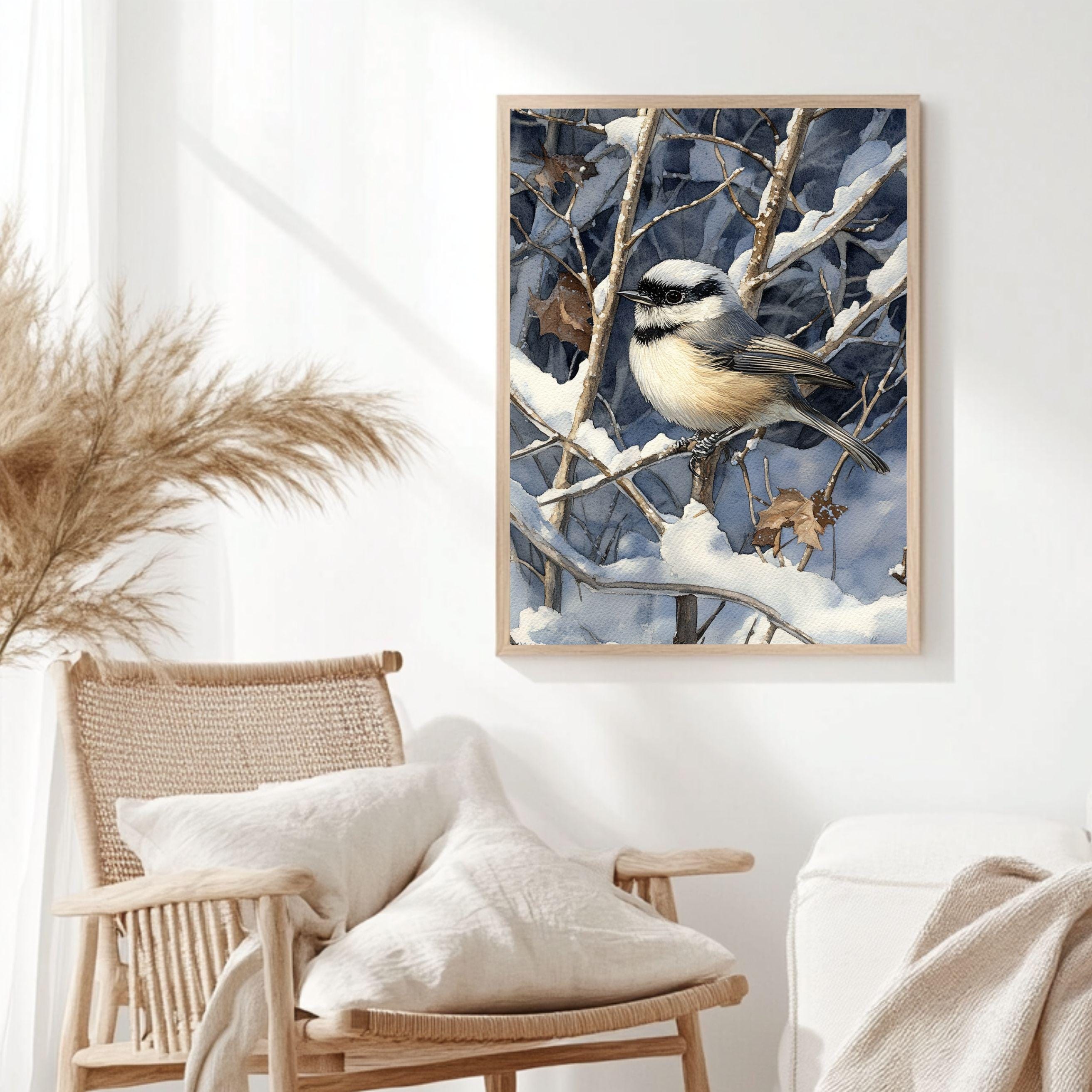 Chickadee Wall Art, Winter Bird Illustration Print, Woodland Nature Art, Print Canvas Framed Canvas Decor