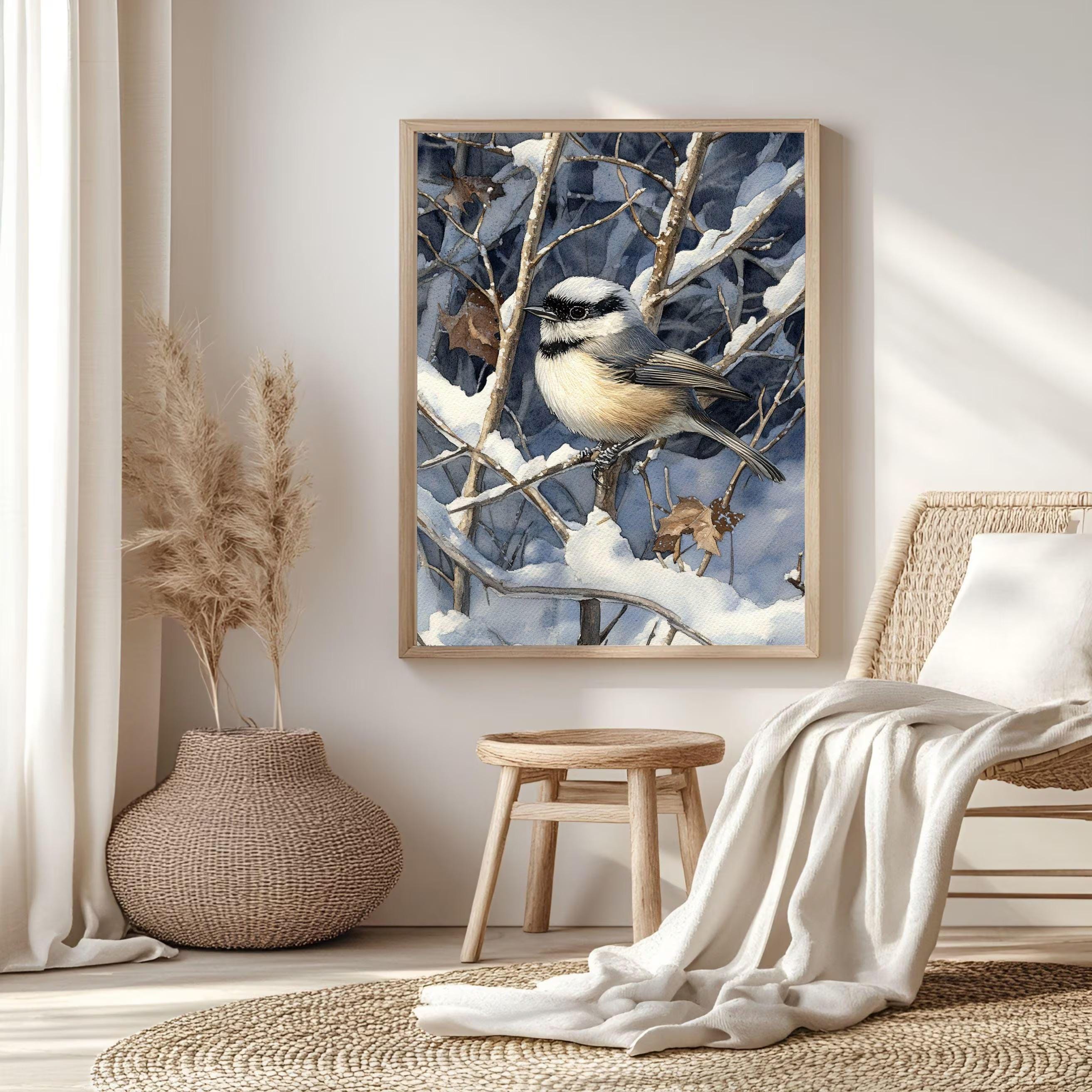 Chickadee Wall Art, Winter Bird Illustration Print, Woodland Nature Art, Print Canvas Framed Canvas Decor
