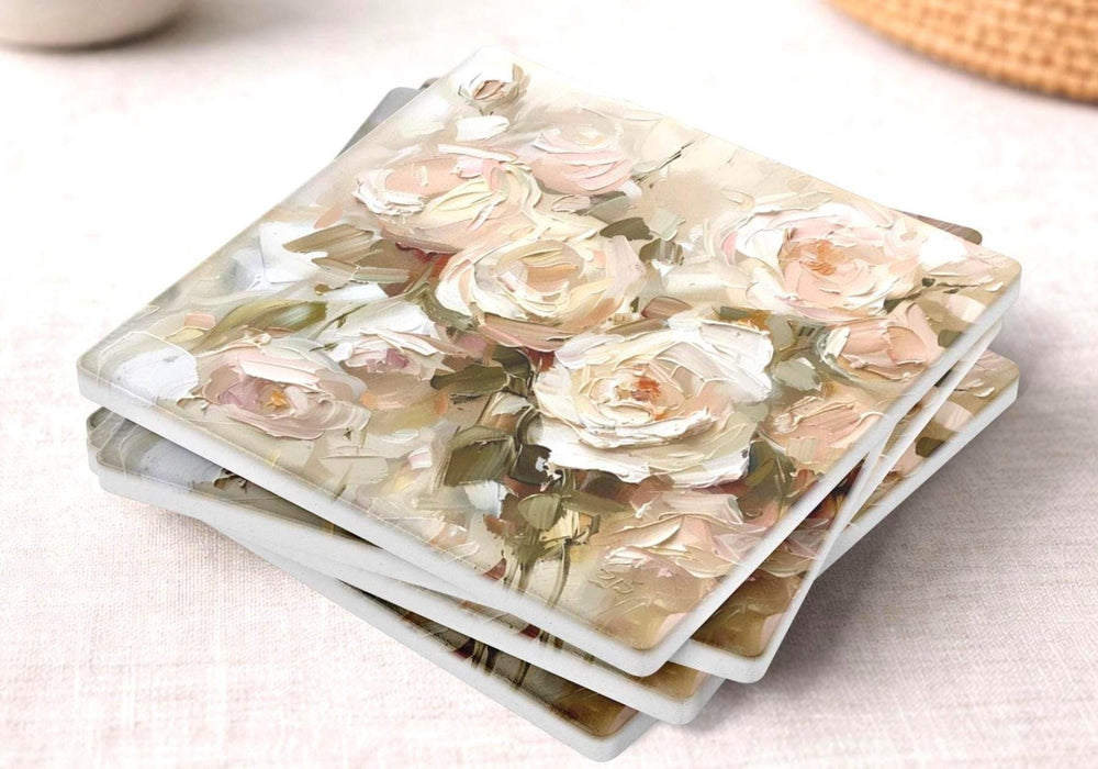 Blush Floral Coaster Set of 4, Neutral Rose Table Decor, Elegant Botanical Drink Coasters, Cottage Chic Style